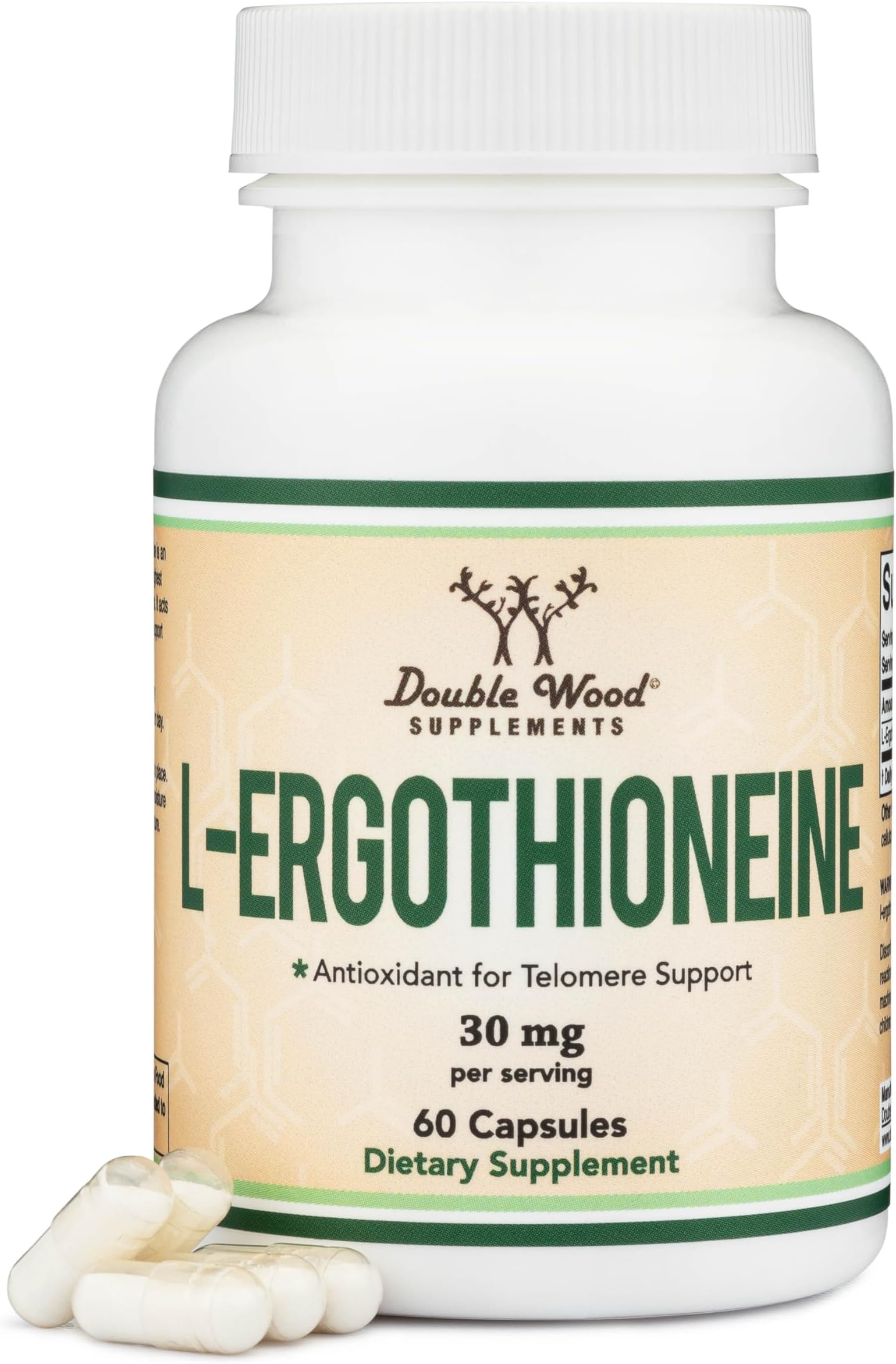 Ergothioneine Supplement (EGT) 30mg of Pure, Plant-Based L-Ergothioneine Per Capsule, 60 Count (May Support Longevity and Healthy Aging) Non-GMO, Gluten Free, Vegan Safe by Double Wood