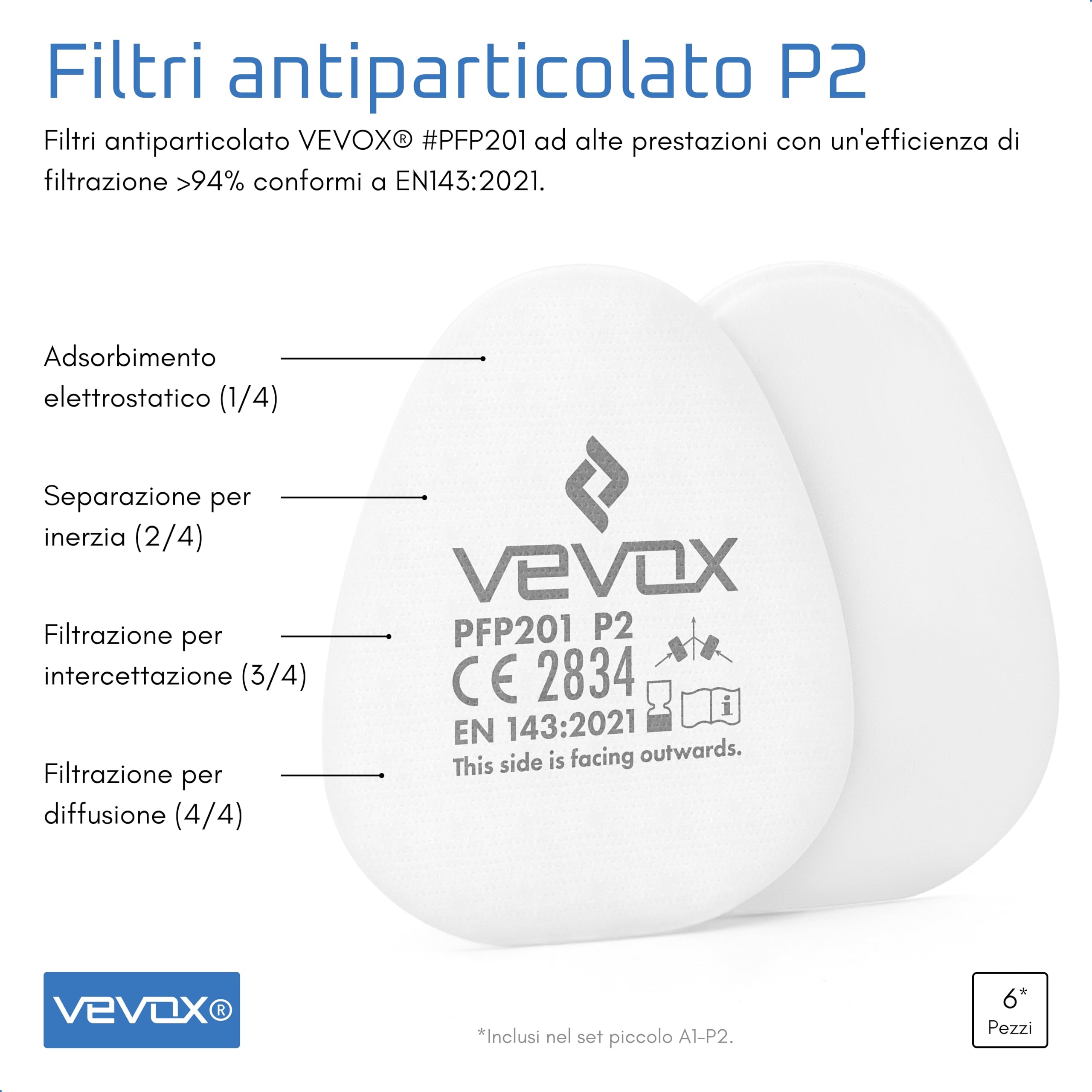 VEVOX® Maschera respiratoria con filtro A1P2 – Protezione da gas, vapori e polveri sottili – Ideale per verniciatura, levigatura e lavori edili – Con 6 filtri P2 antiparticolato e 2 A1 antigas