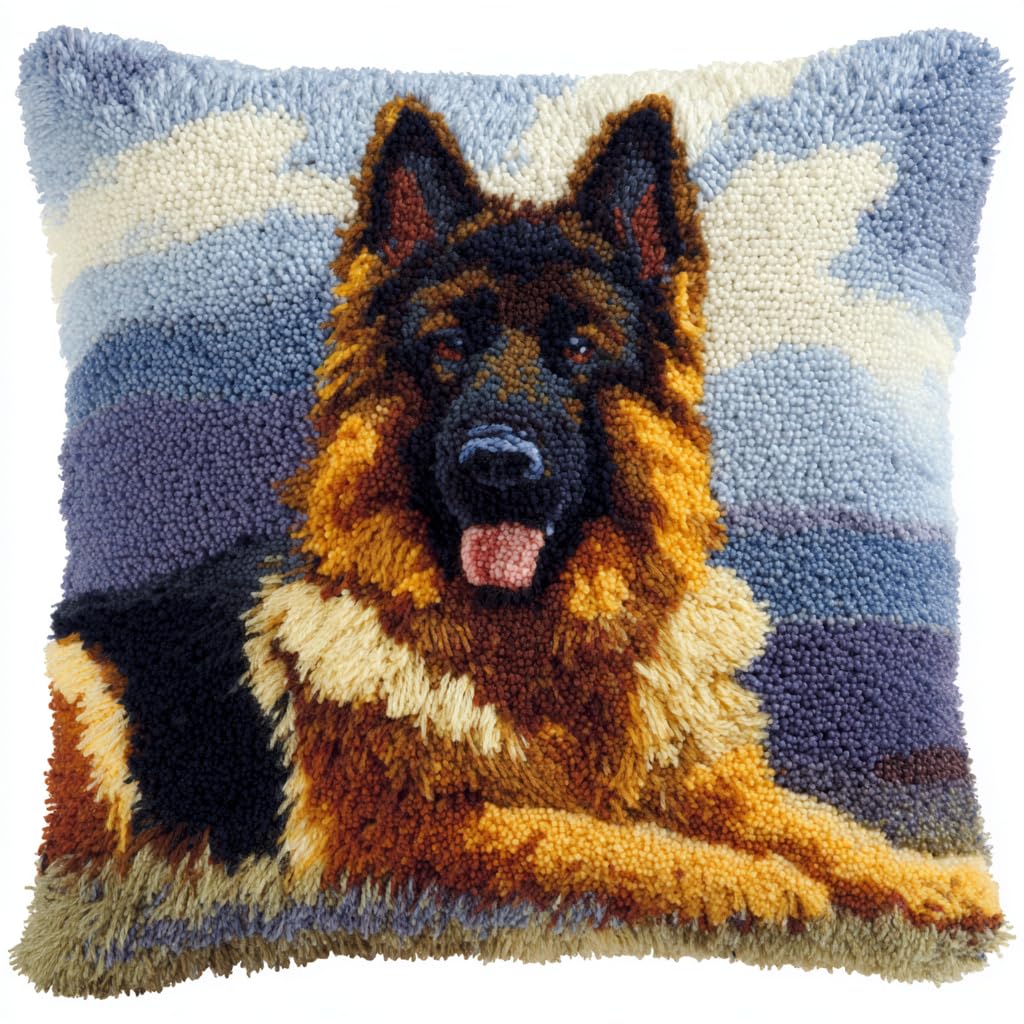 ANSIWEIGO Dog Latch Hook Cushion Kit – German Shepherd – 43x43 cm DIY Pillow Cover Kit for Adults & Kids – Cute Dog Design – Includes Canvas, Pre-Cut Yarn & Hook Tool – Crafts for Beginners