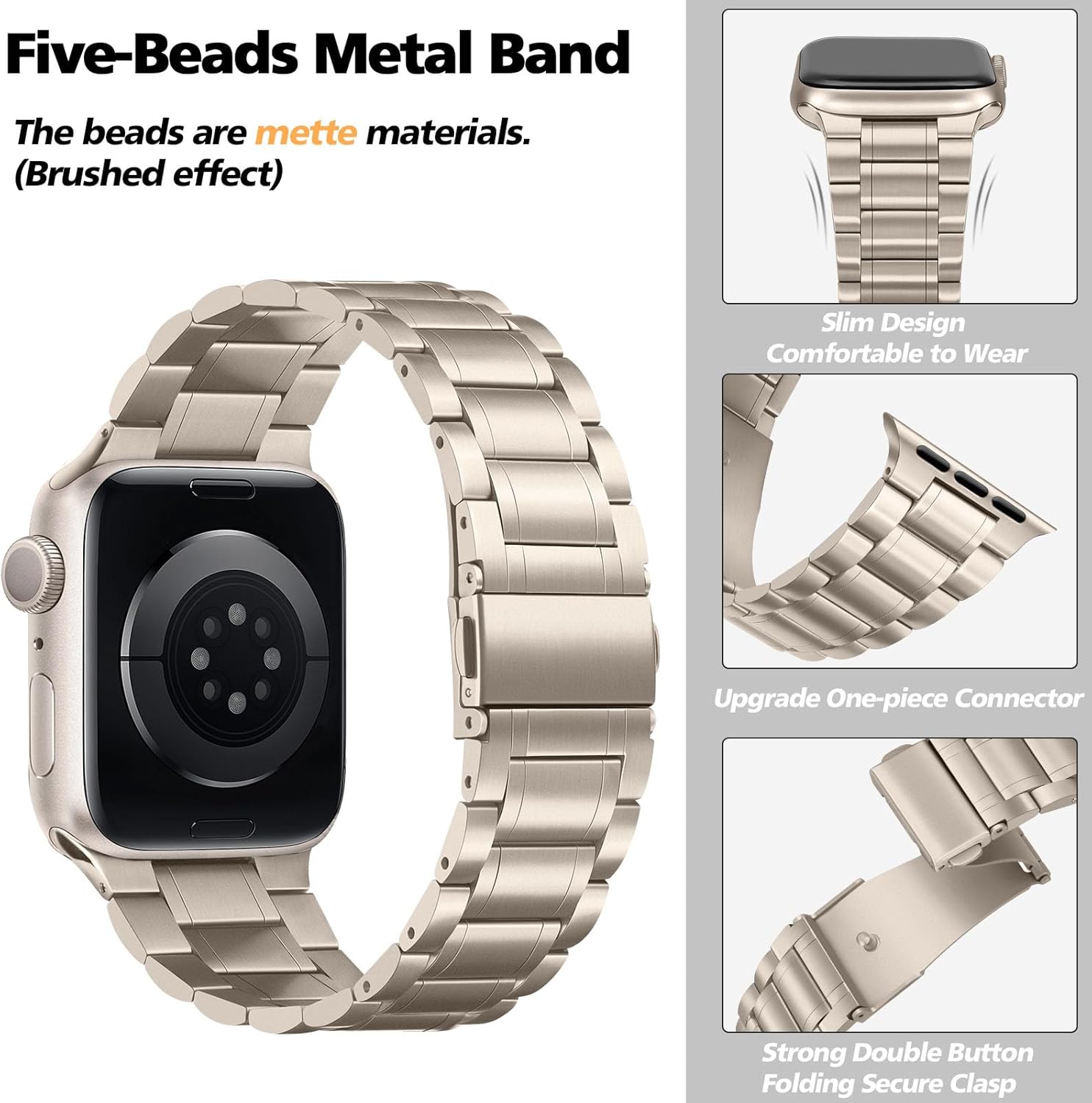 HITZEE Metal Bands Compatible with Apple Watch Band 42mm 41mm 40mm 38mm, Stainless Steel Replacement Men/Women Band Strap Compatible for iWatch SE3 2 1 Series 11 10 9 8 7 6 5 4-1, Starlight - Image 2