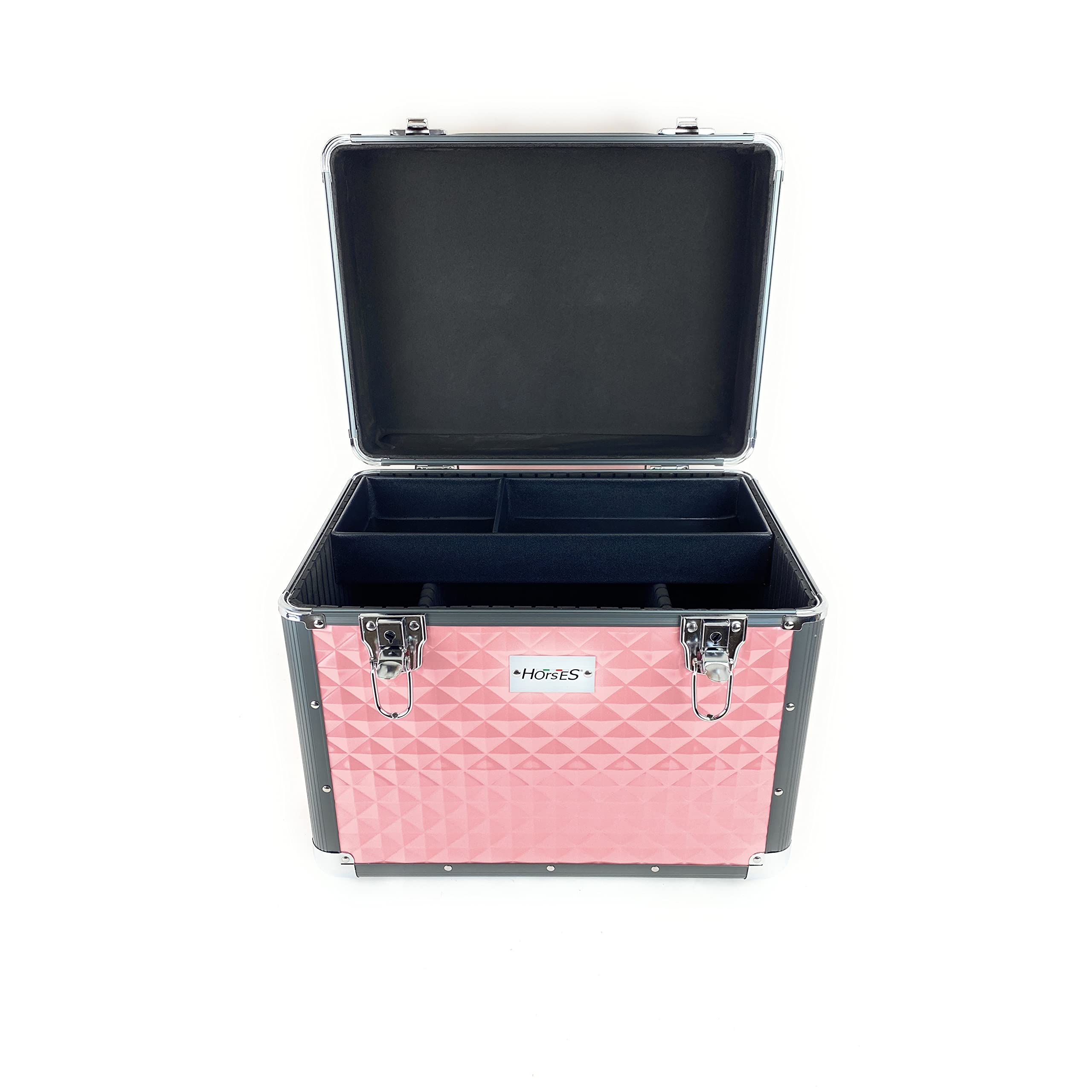 Horses, Baúl Shiny para el cuidado del caballo, caja porta accesorios para el aseo ecuestre, porta kit de cepillos, caja de aluminio 30 x 38 x 26 cm, rosa