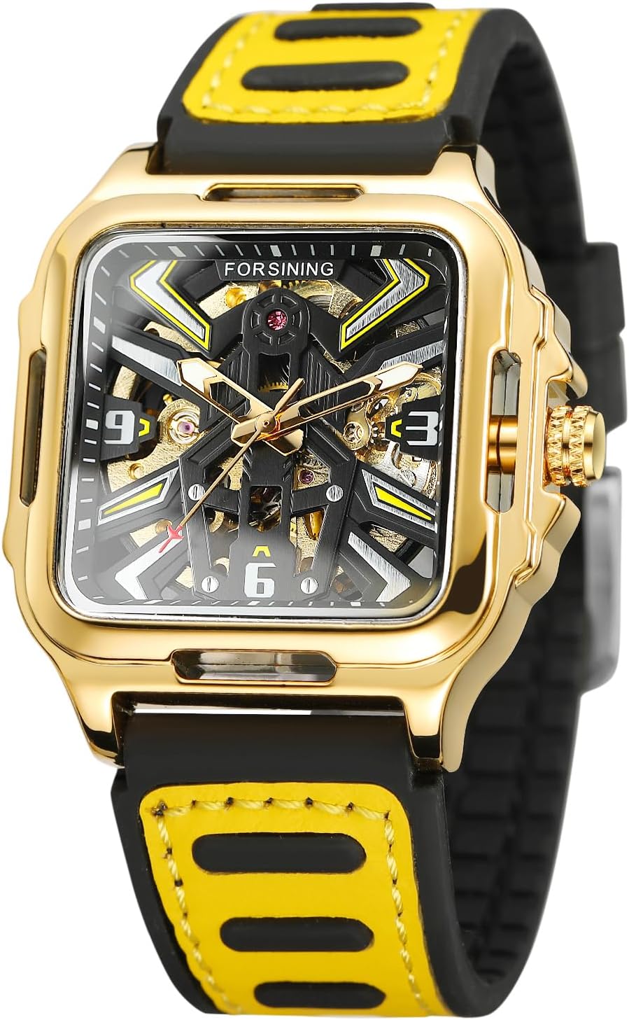 FORSINING Men's Stainless Steel Automatic Self Wind Skeleton Retro Square Silicone Strap Wristwatch