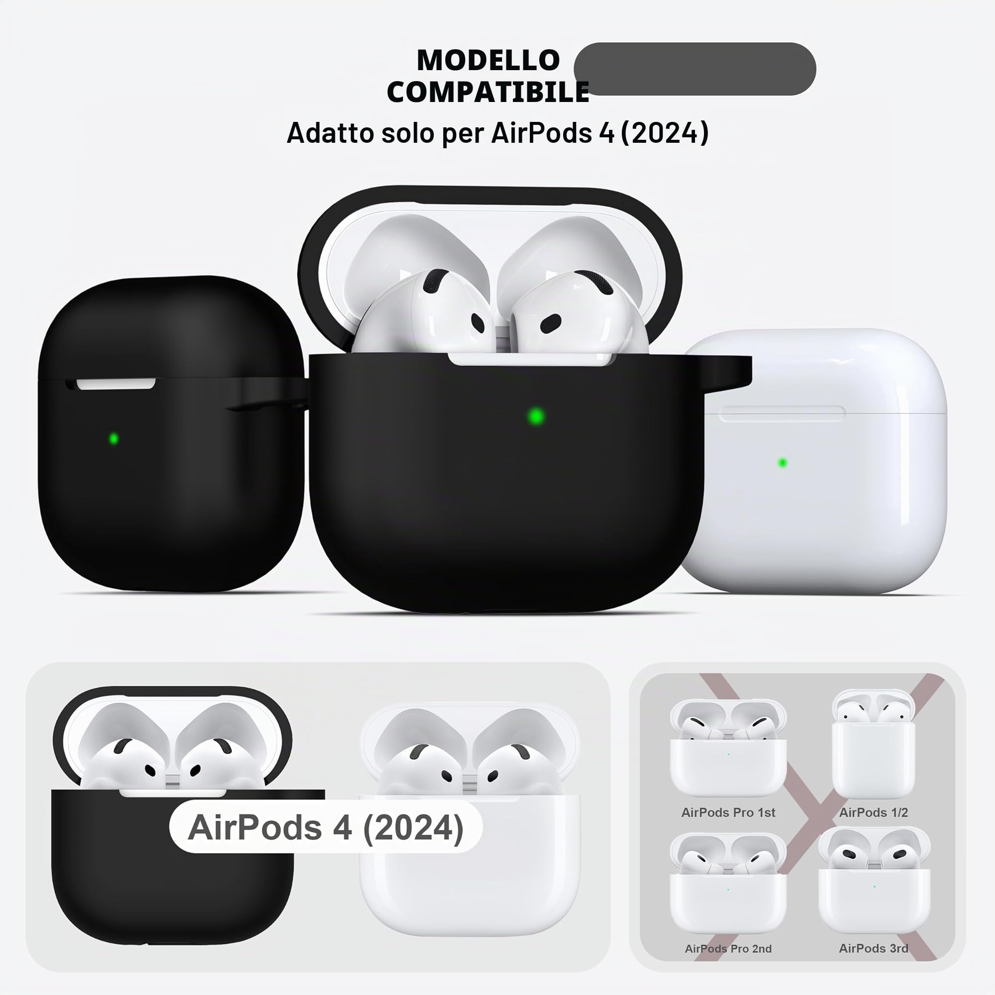 R-fun Custodia per Airpods 4, custodia morbida in silicone con portachiavi, copertura protettiva completa compatibile con Airpods 4th di Apple, Nero