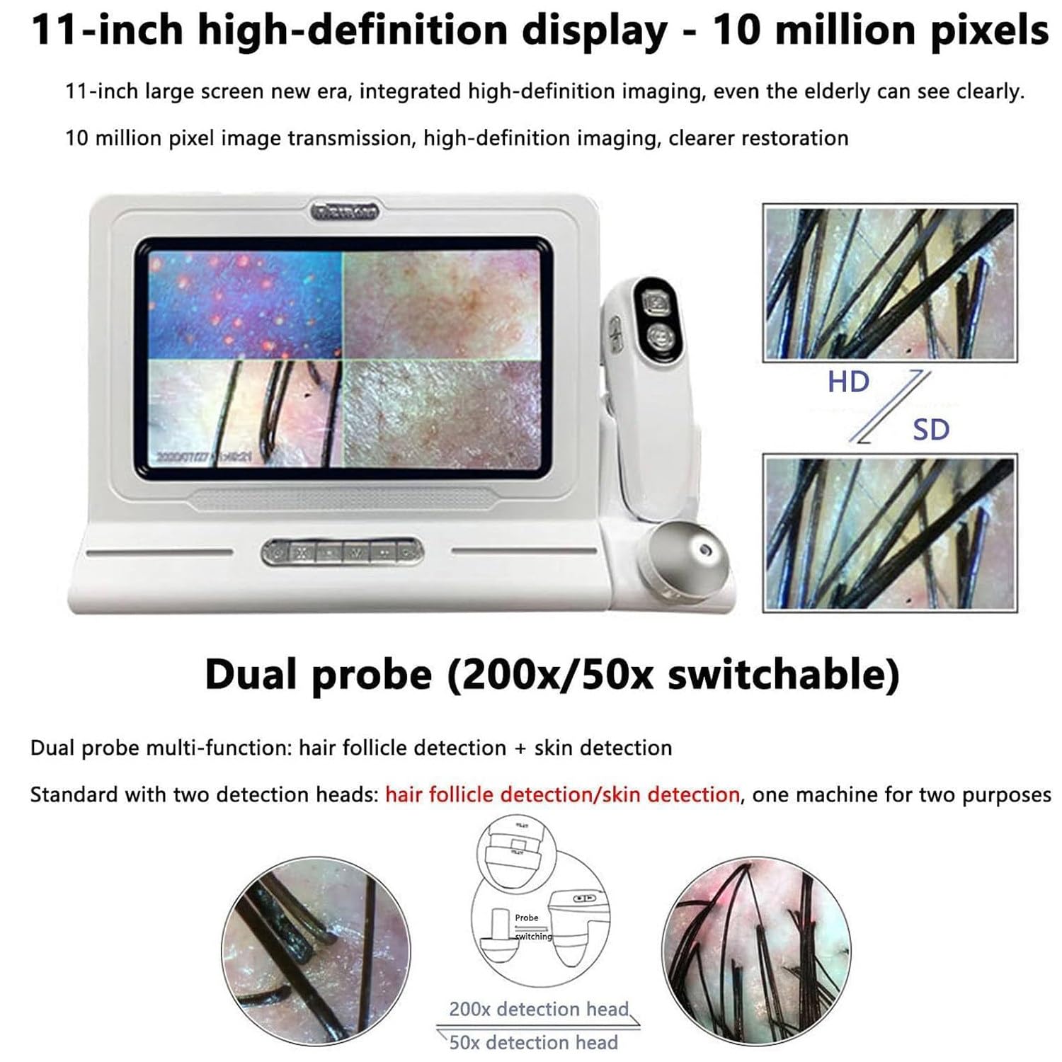 11 Zoll LCD Haut- Haar-Analysegerät, digitaler Kopfhaut-Detektor, Vergrößerungs-Mikroskop, Follikel- und Gesundheitserkennung für professionelle und Private Nutzung