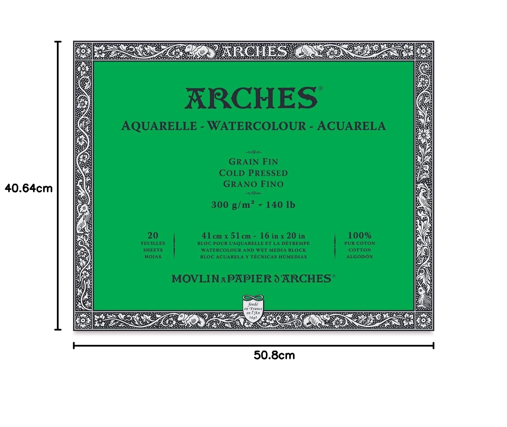 Arches Watercolor Bloc Papier Aquarelle Grain Fin 300G 41X51 cm 20 Feuilles, 100% Haders, Blanc Naturel, Set Pièces