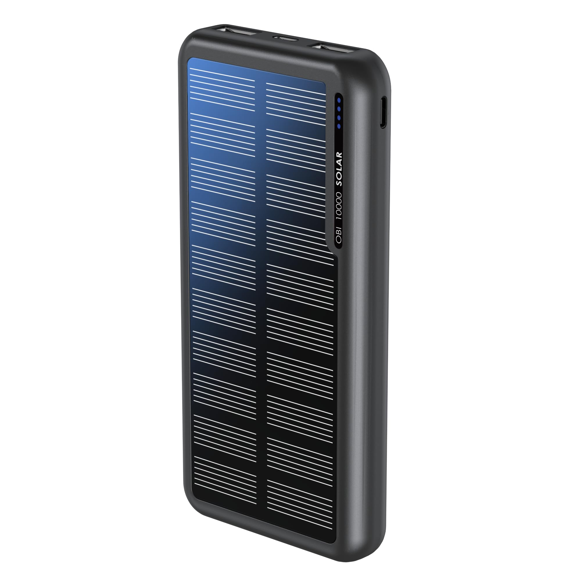 Boompods Obi Solar 10000mAh Solar Powerbank - Schnellladendes Ladegerät mit USB-C & 2X USB-Anschlüssen, Outdoor Power Bank mit Solarpanel, Robuste Ladestation für Handy, Tablets und Reisen, Schwarz