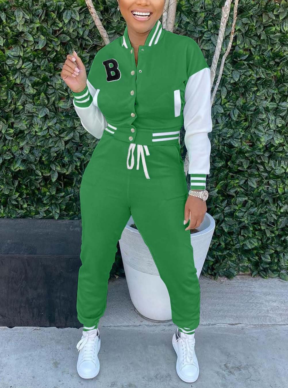 Fooullaide Women's Varsity Jacket Sweatsuit 2 Piece Tracksuit Crop Top Button Down Letterman Jackets Pants Sets - Image 4