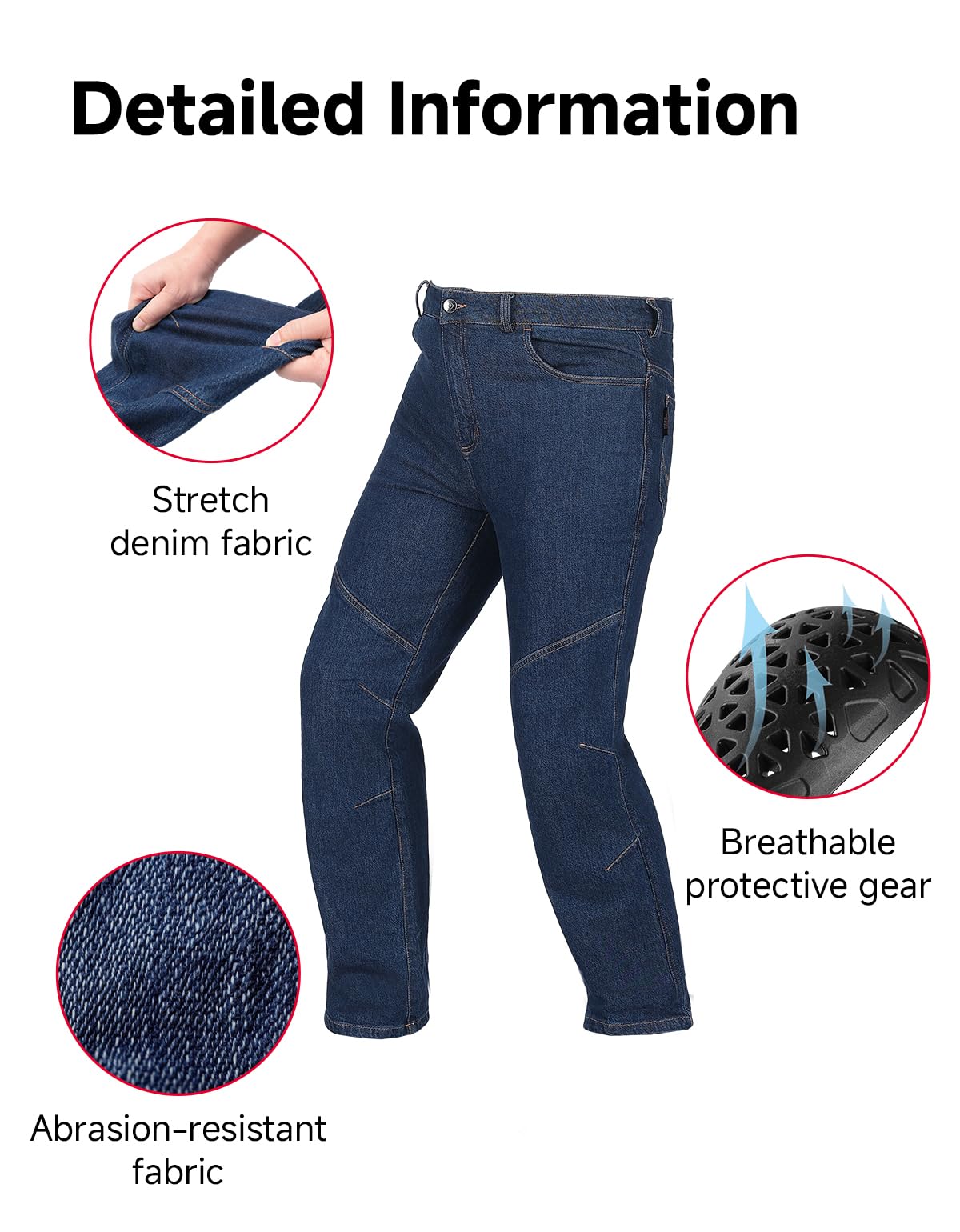 KEMIMOTO Pantaloni Moto Uomo con Protezion, Jeans Moto Elasticizzati con 4 Protezione Rimovibile CE, Traspirante Morradhose Uomo con Ginocchiere Regolabili in Velcro