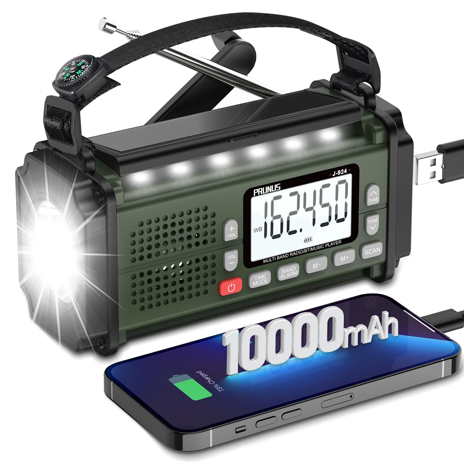 Przenośne radio, PRUNUS J-924 Dynamo 10000 mAh, radio survivalowe z bateriami i korbą, panel słoneczny, budzik, ładowarka USB-C, latarka i odtwarzanie, alarm SOS