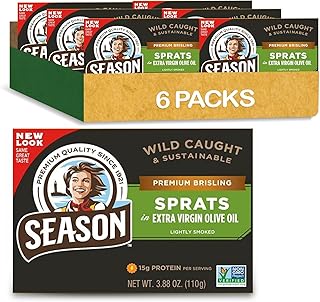 Season Brisling Sprats in Extra Virgin Olive Oil - Lightly Smoked, Wild Caught, 15g of Protein, Keto Snacks, More Omega 3's Than Tuna, Kosher, High in Calcium, Canned Sardines - 3.88 Oz Tins, 6-Pack