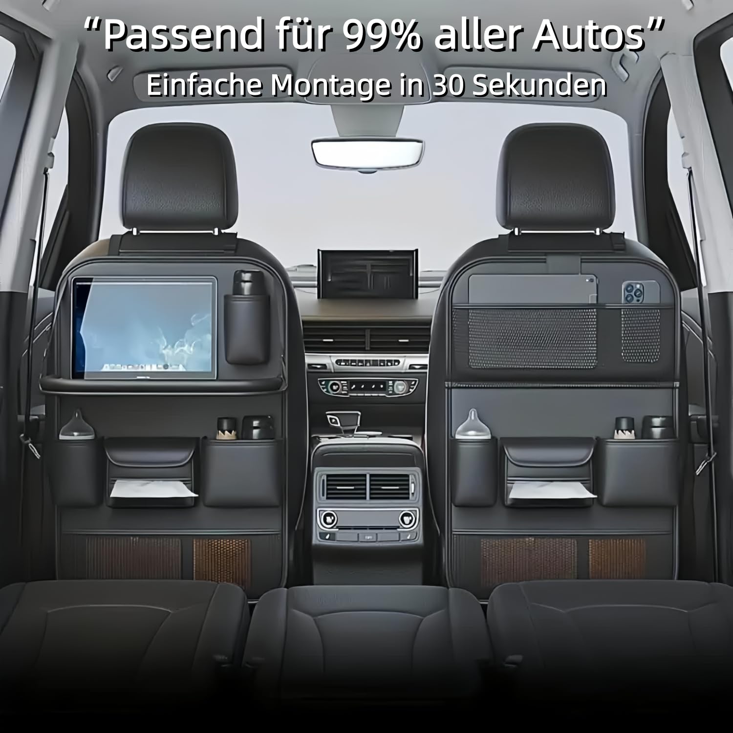 Organiseur de siège arrière de voiture avec plateau pliant, sac de rangement multifonctionnel pour jouets pour enfants, iPad et bouteilles, cuir PU imperméable, organisateur de voiture (noir