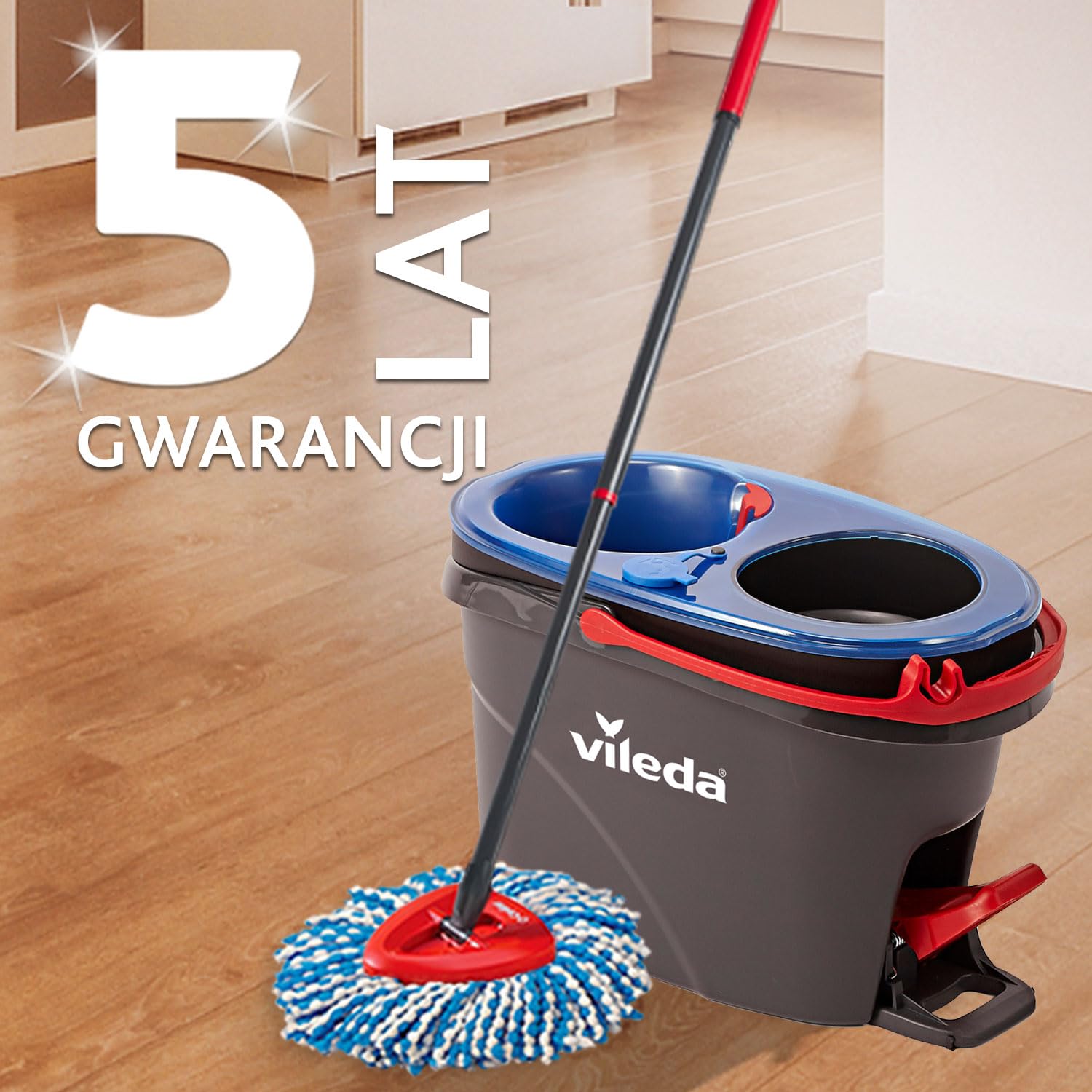 Vileda H2PrO zestaw mop z wiadrem – system 2 zbiorników z funkcją wyciskania | oddzielna woda czysta i brudna | mop z mikrofibry do paneli, płytek i parkietu
