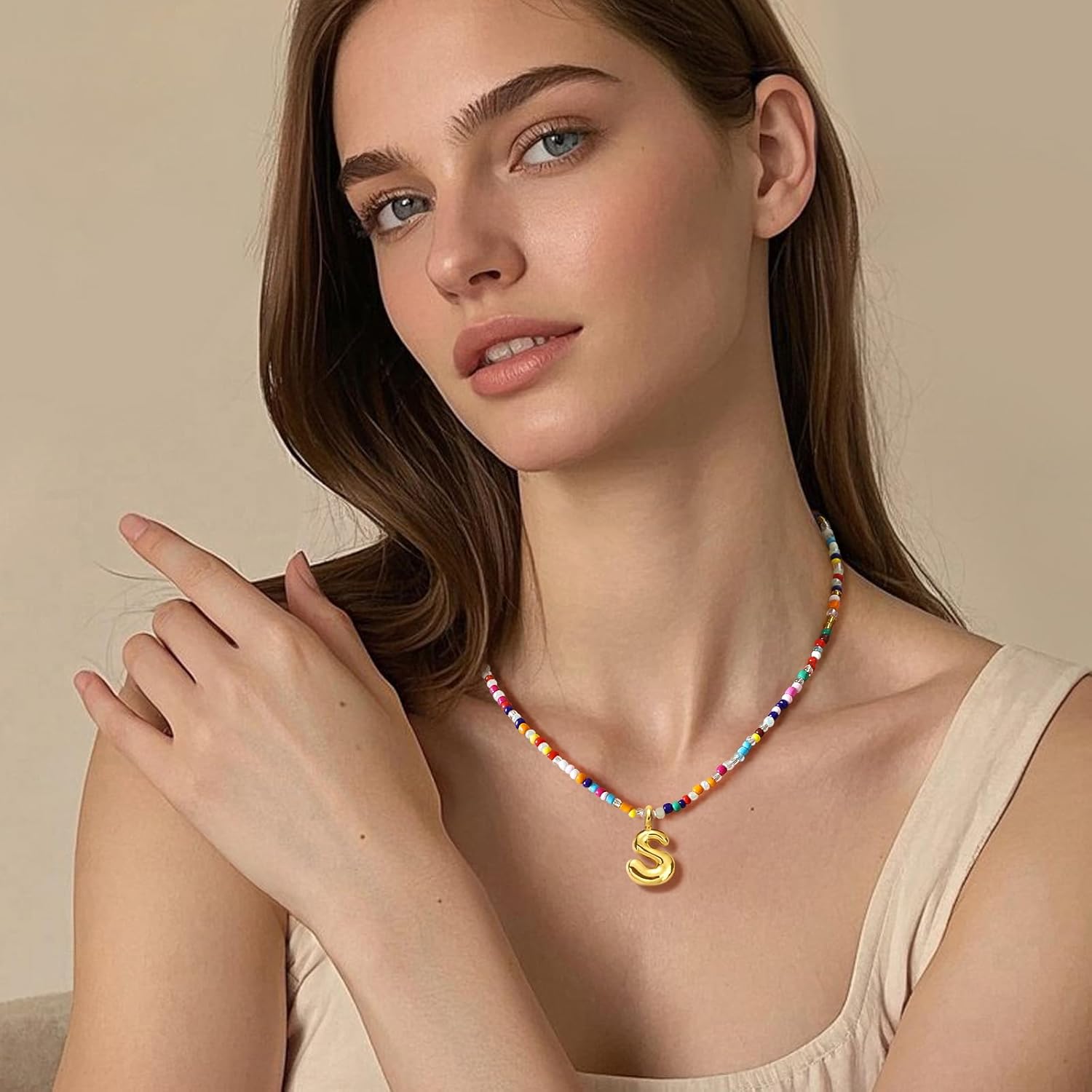 Soleebee Colorful Initial Necklace for Women Cute 14K Gold Plated Bubble Letter Necklace Handmade Beaded Beach Boho Choker Necklace Trendy Jewelry - Image 4