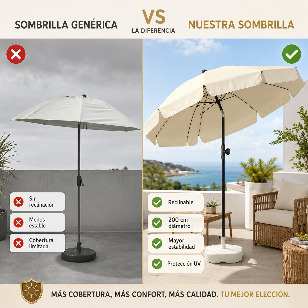 Pincho Sombrilla Terraza Exterior Reclinable 200 cm Beige con Bolsa de Transporte, Sombrillas Jardin Grandes, Parasol Terraza Exterior, Estructura Estable para Jardin, Patio y Balcón, Uso Exterior
