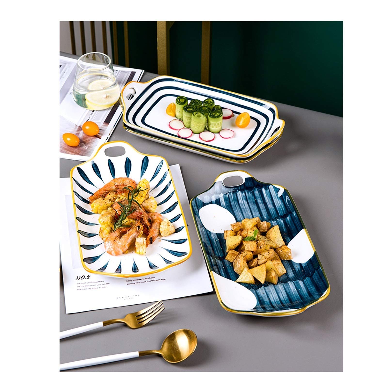 Talerz Obiadowy/Talerze Sałatkowe Prostokątny ceramiczny talerz obiadowy, duża płyta rybna z dwoma uchwytami, spersonalizowanym deserem, płytką sushi, rodzina i restauracją. zestaw talerzy/małe tale