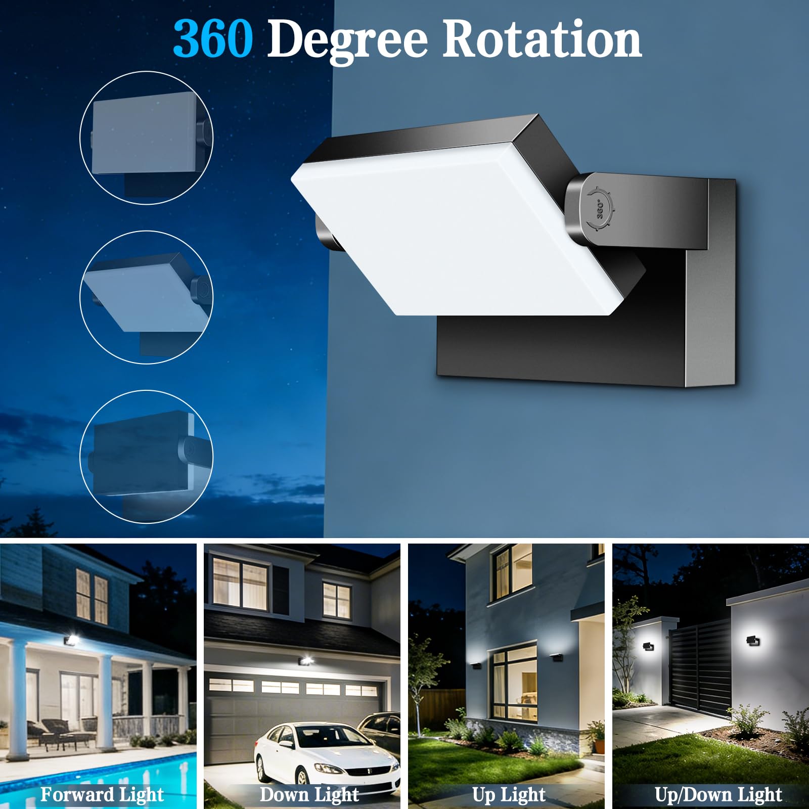 ledmo 60W Applique Murale Extérieure LED 5000Lm 6000K IP65 Noir 360° | Pivotant 360°, aluminium moulé, lumière froide, idéal jardin terrasse, 50000h de vie, montage facile, étanche durable