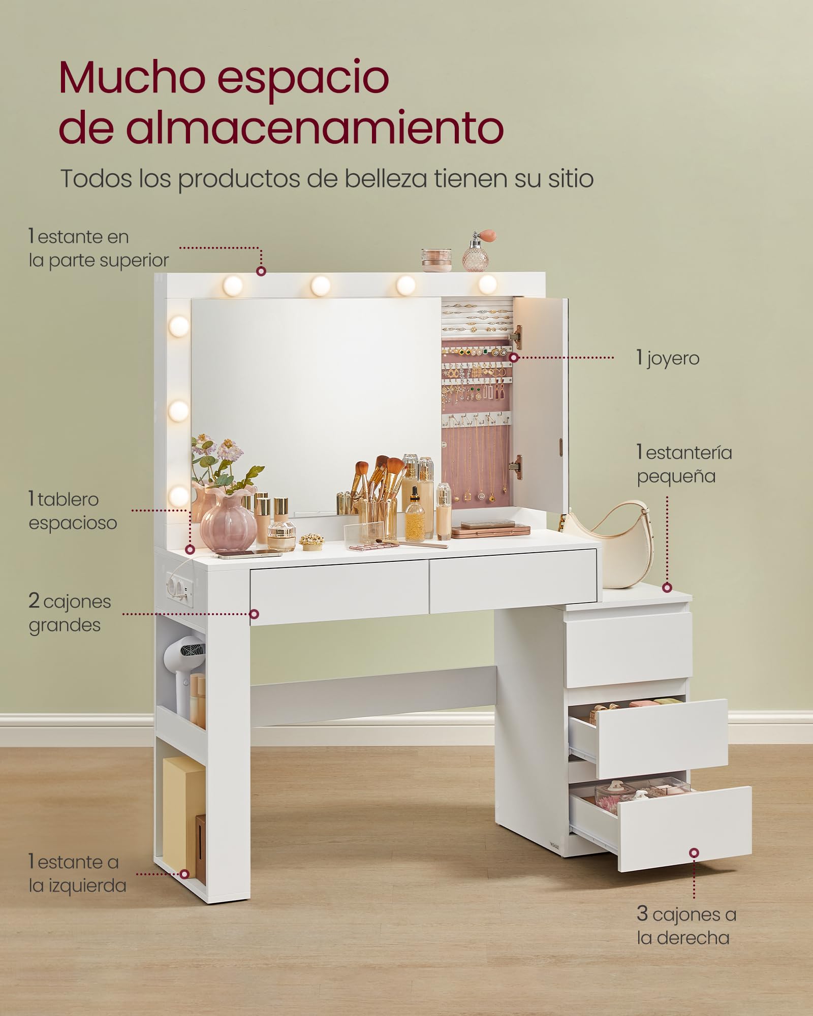 VASAGLE Tocador con Iluminación LED Mesa de Maquillaje 40x125x140 cm Blanco Nube