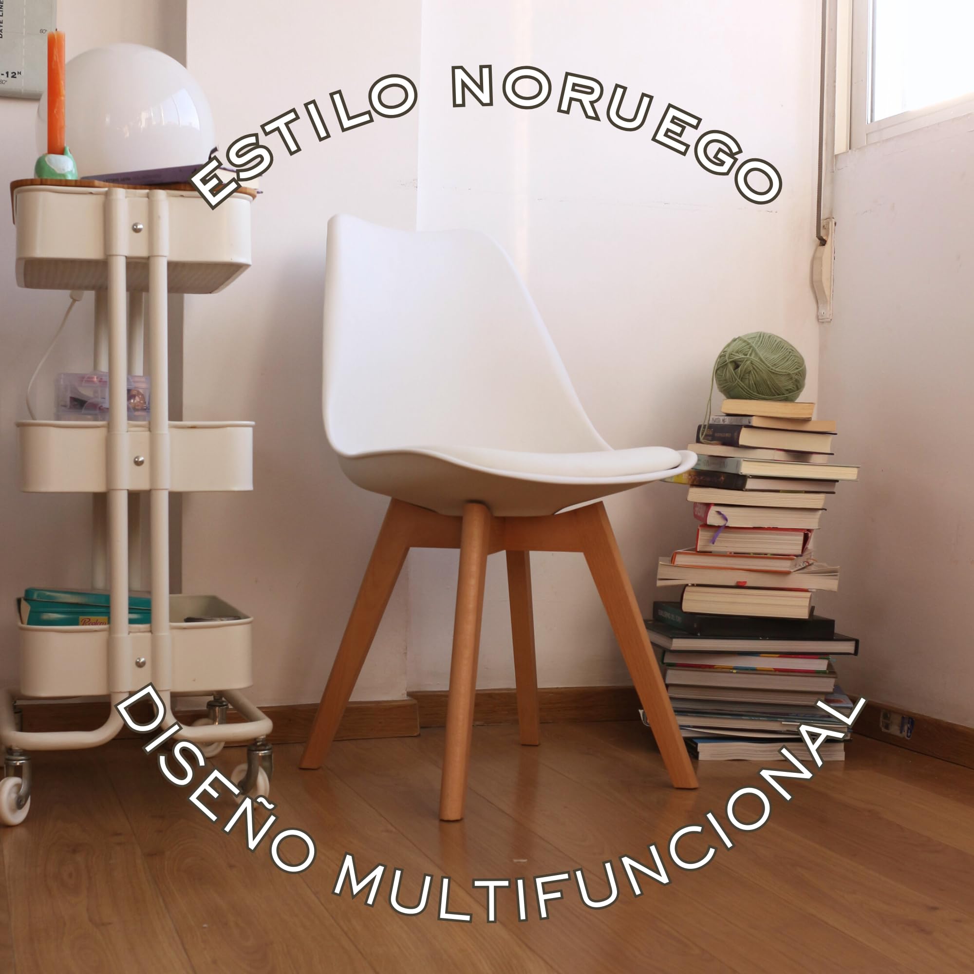HOME DESIGN & CONFORT ®Sillas de Comedor Nórdicas con Respaldo Ergonómico con Material PU y Patas con 2,8cm de Anchura | Sillas de Cocina con Madera de Haya Maciza (6 Sillas Blancas)