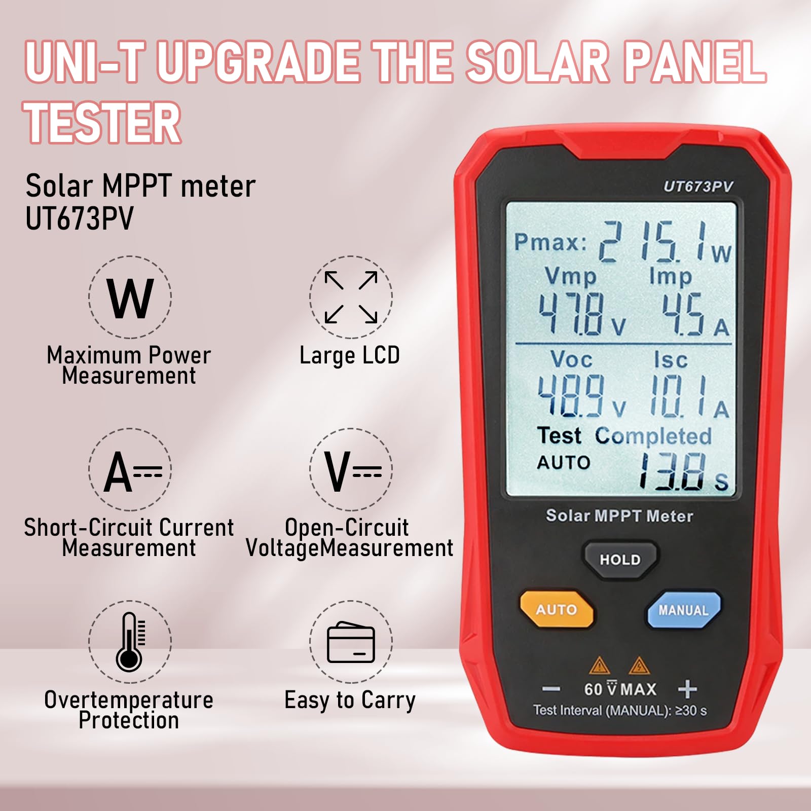UT673PV Solar Panel Tester, Photovoltaic Multimeter 800W, Solar MPPT Meter with Large Ultra Clear LCD, Smart MPPT Open Circuit Voltage Troubleshooting, Data Test for Photovoltaic Modules — Amazon image 2