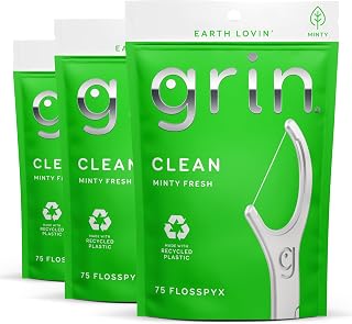GRIN Clean Flosspyx, Floss Picks, 75 Count, Dental Flossers, Minty Flavor, Recycled Plastic, Super Strong Fine Floss, Tight Teeth, Premium Longer Floss Head, Includes Safe Fold-Back Tooth Pick