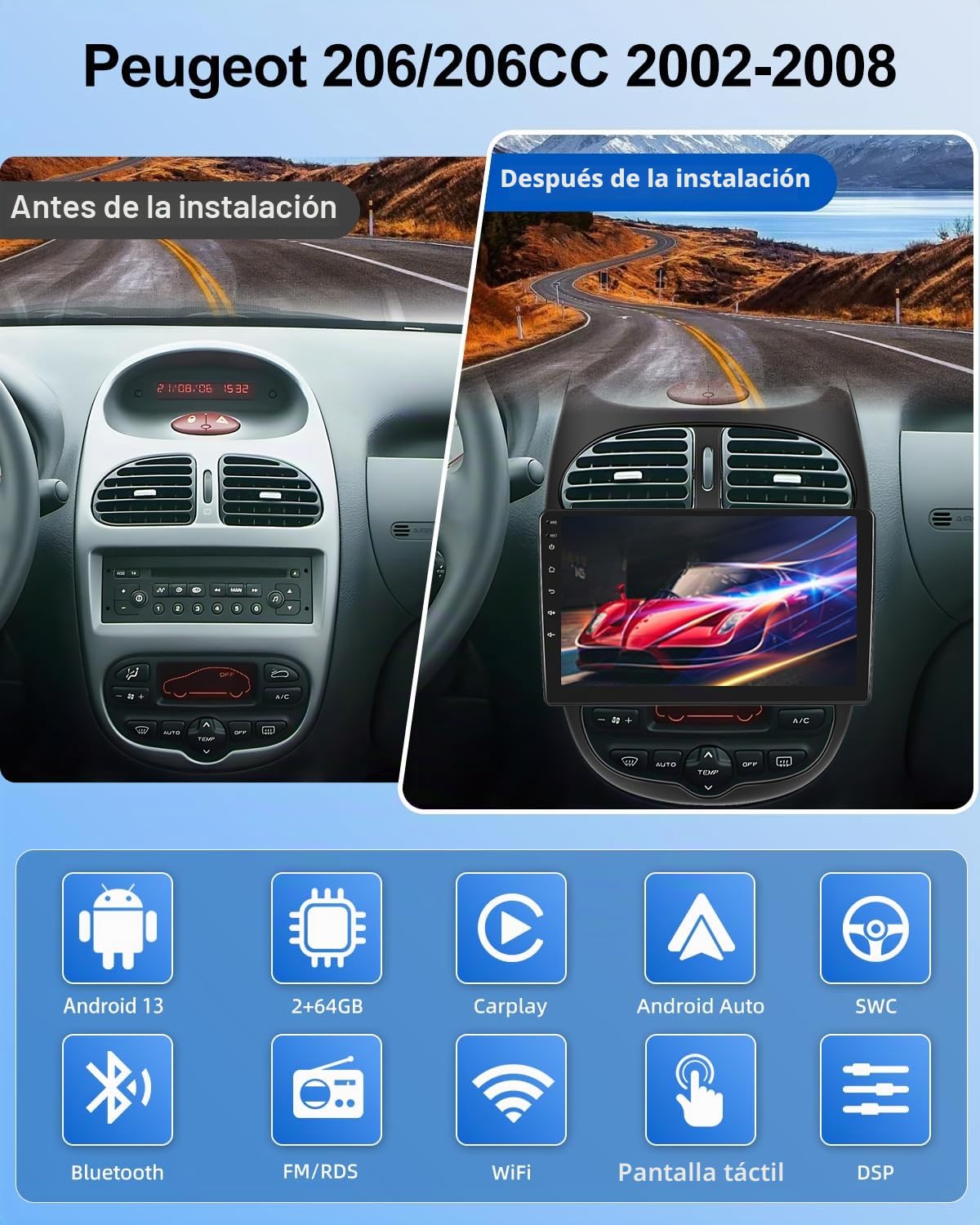 NHOPEEW Radio para Coche 2G+64G para Peugeot 206/206CC 2002-2008 - Carplay inalámbrico y Android Auto - Radio Carplay de 9 Pulgadas con WiFi, Ecualizador, GPS, cámara de visión Trasera AHD