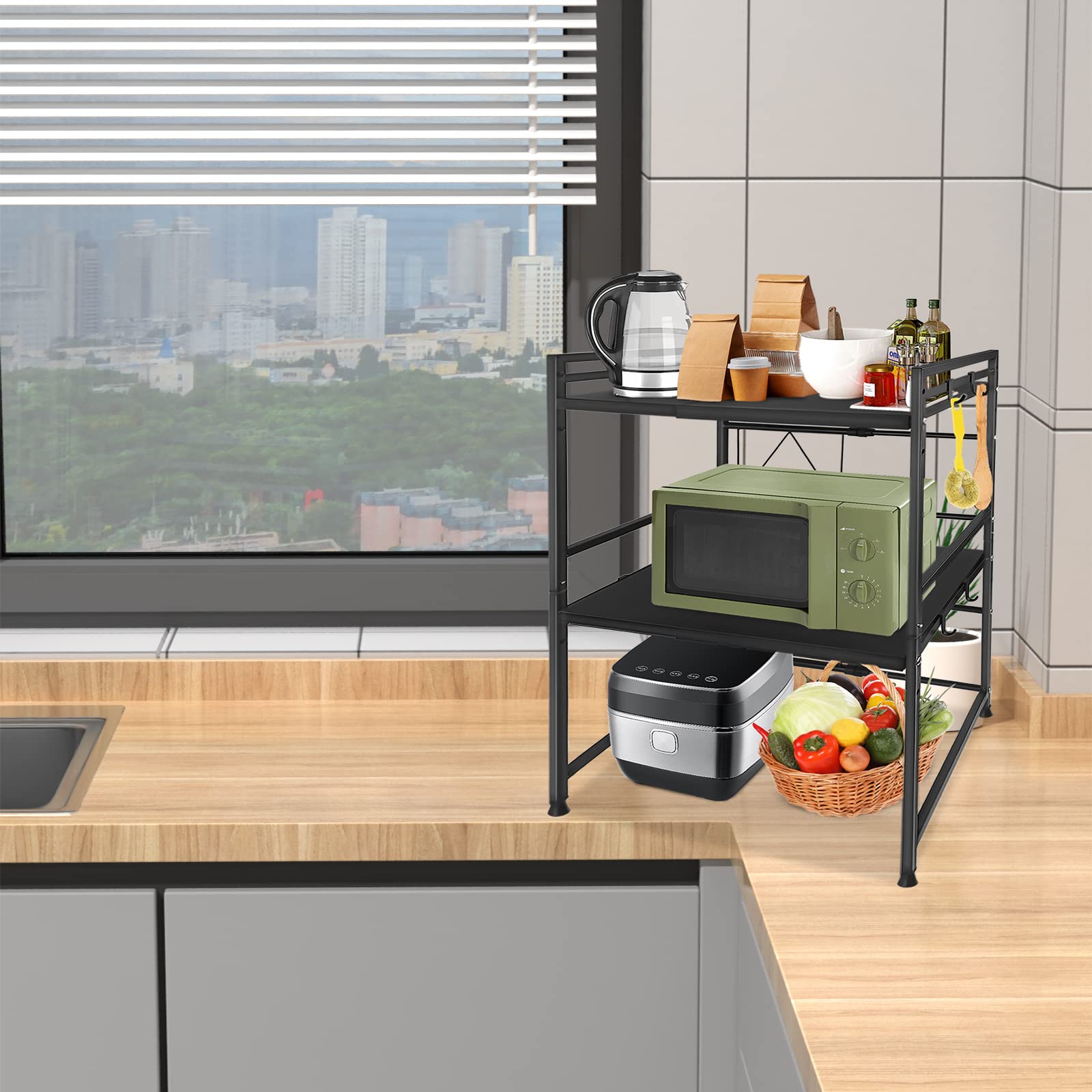 Scaffale per microonde espandibile a 3 livelli, per microonde, da cucina, con 8 ganci, colore: nero