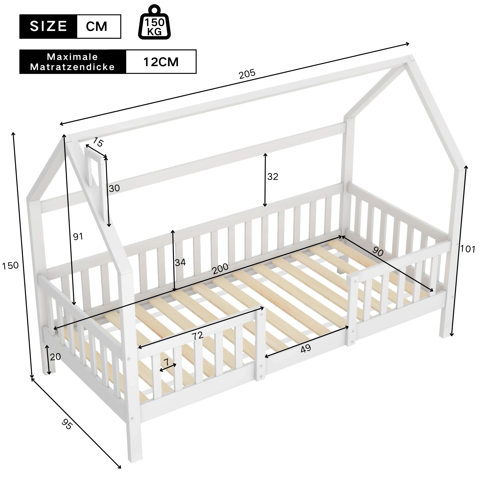 Merax Hausbett 90x200cm, Kinderbett Mit Lattenrost, Holz Bett für Kinder mit Bettkasten, Kinder und Jugendzimmer, Kiefernholz Haus Bett for Kids, Ohne Matratze, Weiß