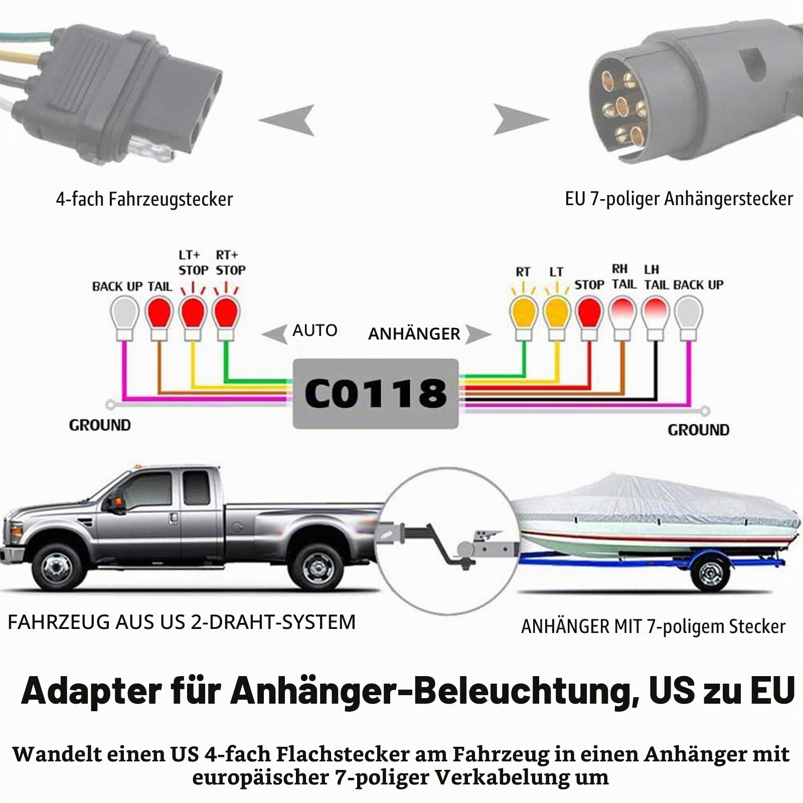 anhänger adapter us auf eu,trailer adapter 7 13,Anhänger-Verkabelungsadapter,Teile für Anhängerwinden,Anhängerstecker Lichtkonverter USA 4-polig auf 7-poliger Adapter,Stop-Bremssignal-Trennung