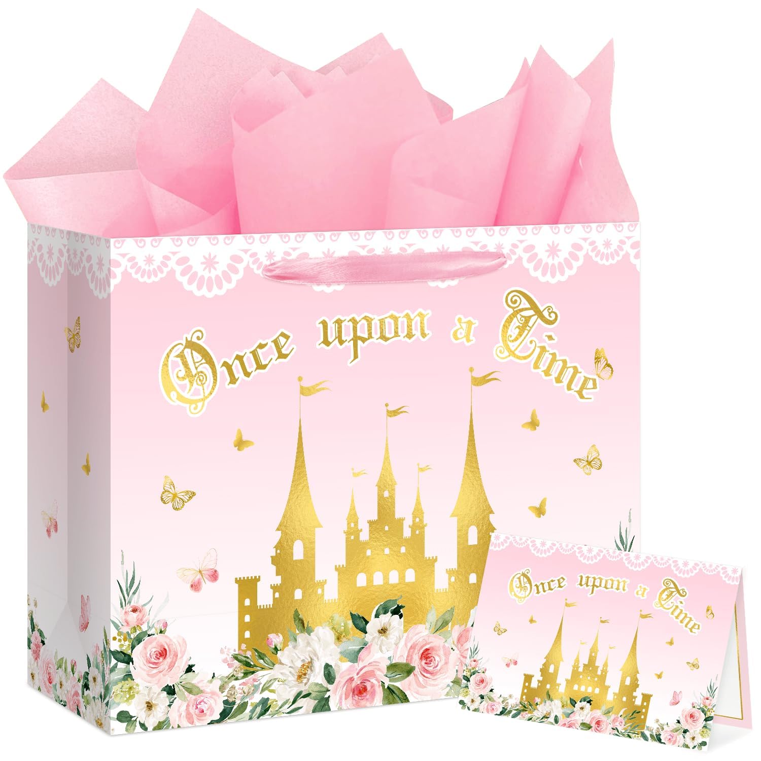 Reyoust 13" Large Pink Princess Themed Gift Bag with Card and Tissue Paper Floral Castle Present Bag for Girls Fairy Tale Baby Shower Birthday Party Decorations 1 Pcs 13" L x 10.2" H x 4.9" D