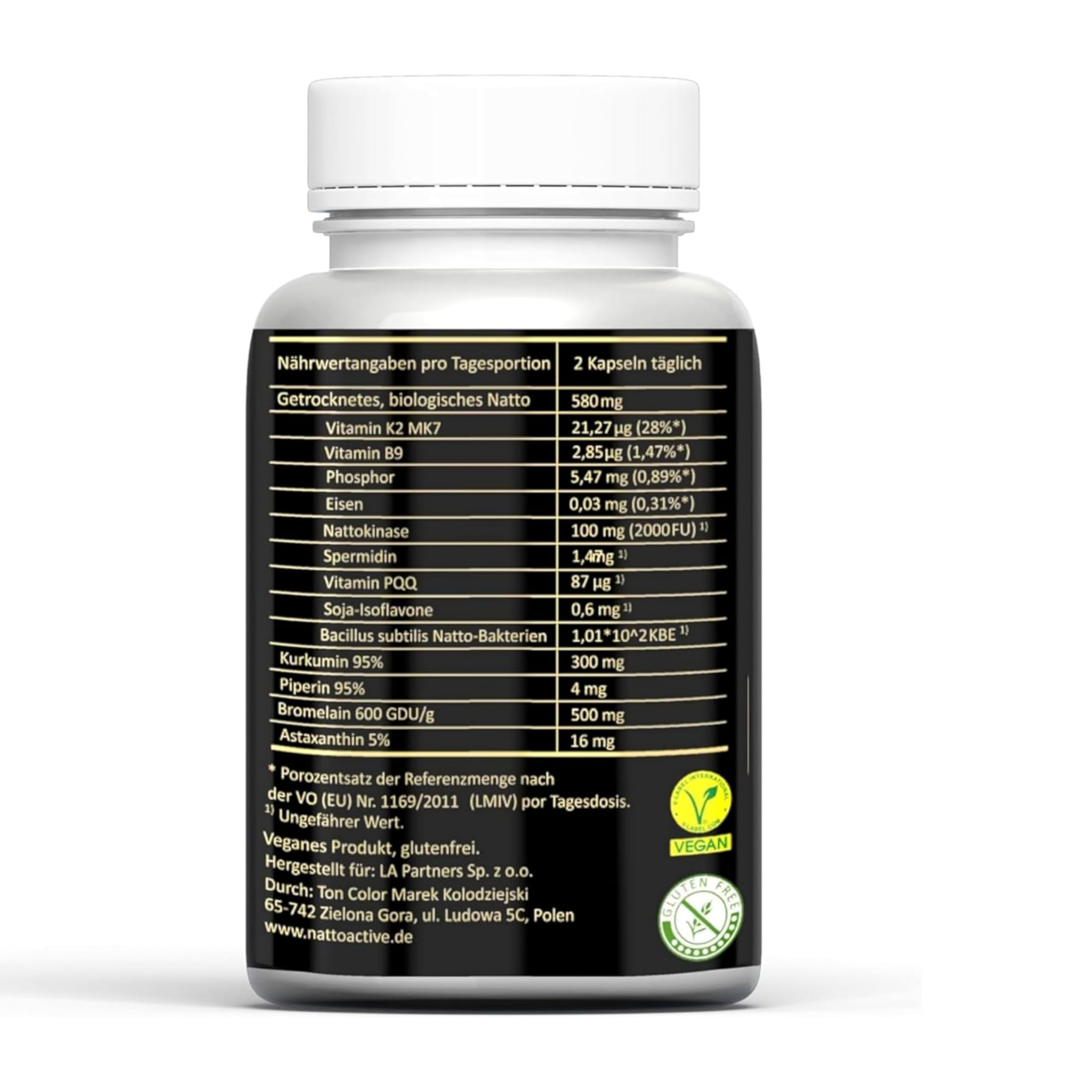 Nattokinase Hochdosiert Bio (20.000 FU/g) mit Bromelain 500mg | Kurkumin 300 mg, Astaxanthin 16mg, Vitamin K2 MK-7 & Piperin, 6 Inhaltsstoffe in 1 Kapseln - Nattokinase Kapseln 60