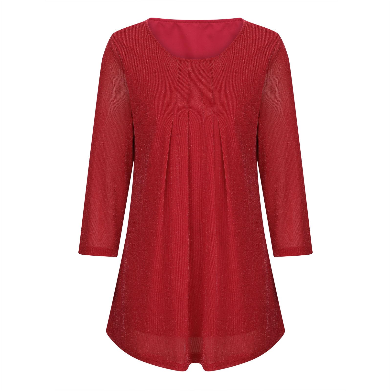Blusa de lentejuelas para mujer, elegante, manga 3/4, brillante, doble capa, de malla, estilo casual, cuello redondo, plisada, camiseta moderna y elegante, para fiesta, blusa holgada