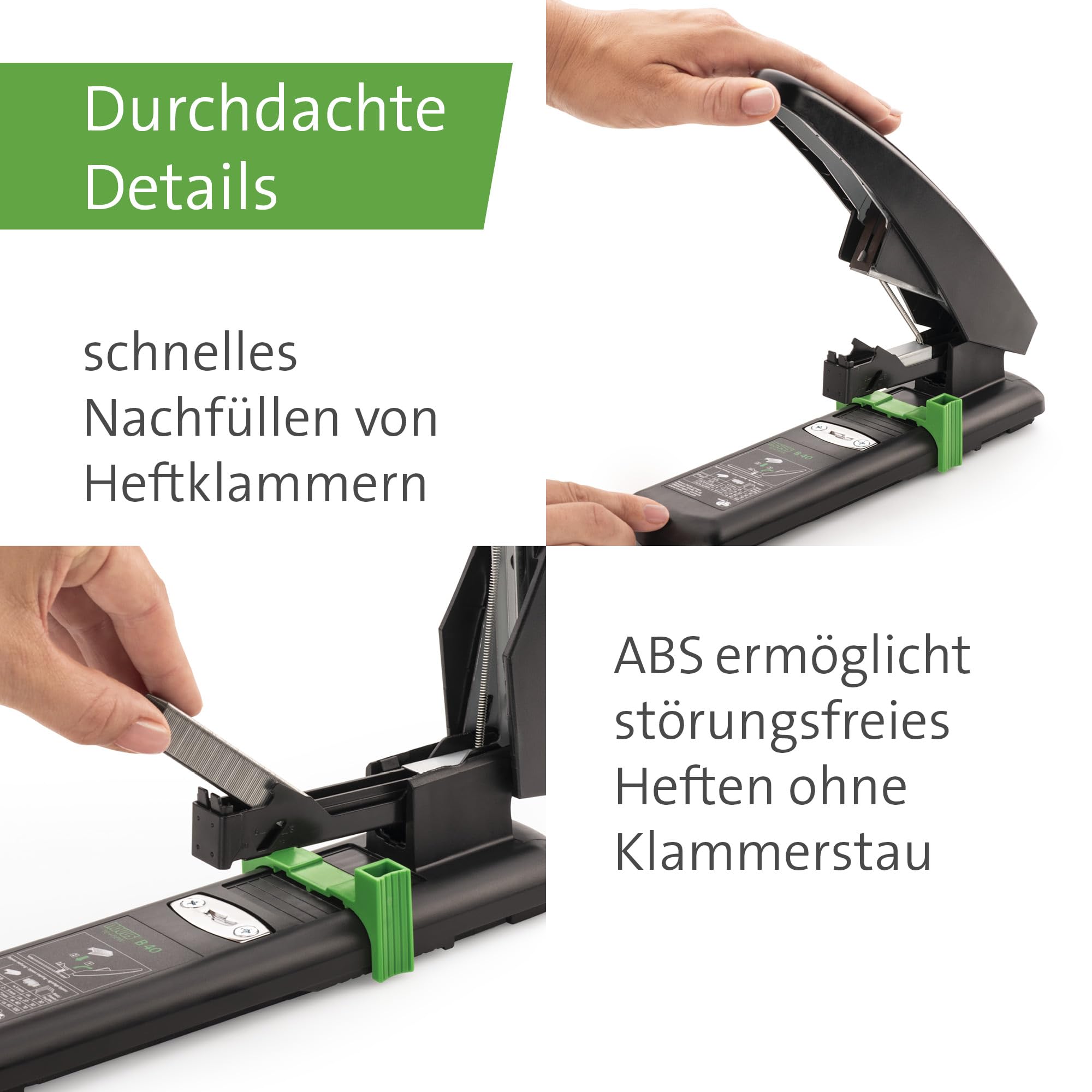 Novus B 40 re+new Blockheftgerät, 100 Blatt, schwarz-grün | Antiblockiersystem, Kunststoffunterteil & Metalloberteil mit Kunststoffummantelung aus 97% recyceltem Kunststoff