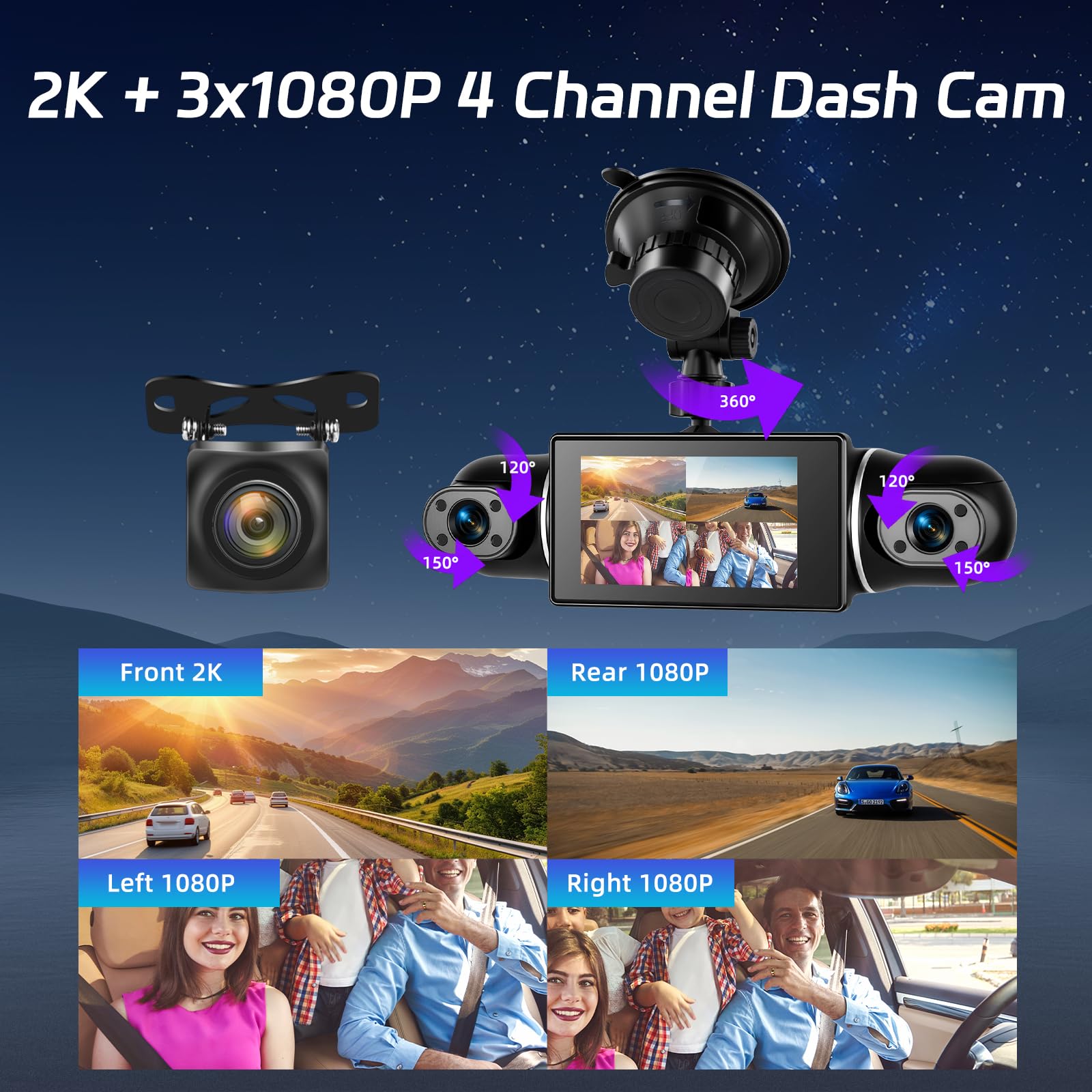 NHOPEEW Cámara para salpicadero 2K 360° de 4 Canales: cámara para Coche con Pantalla IPS de 3 Pulgadas, Sensor G, aplicación WiFi, visión Nocturna y Tarjeta de 64 GB