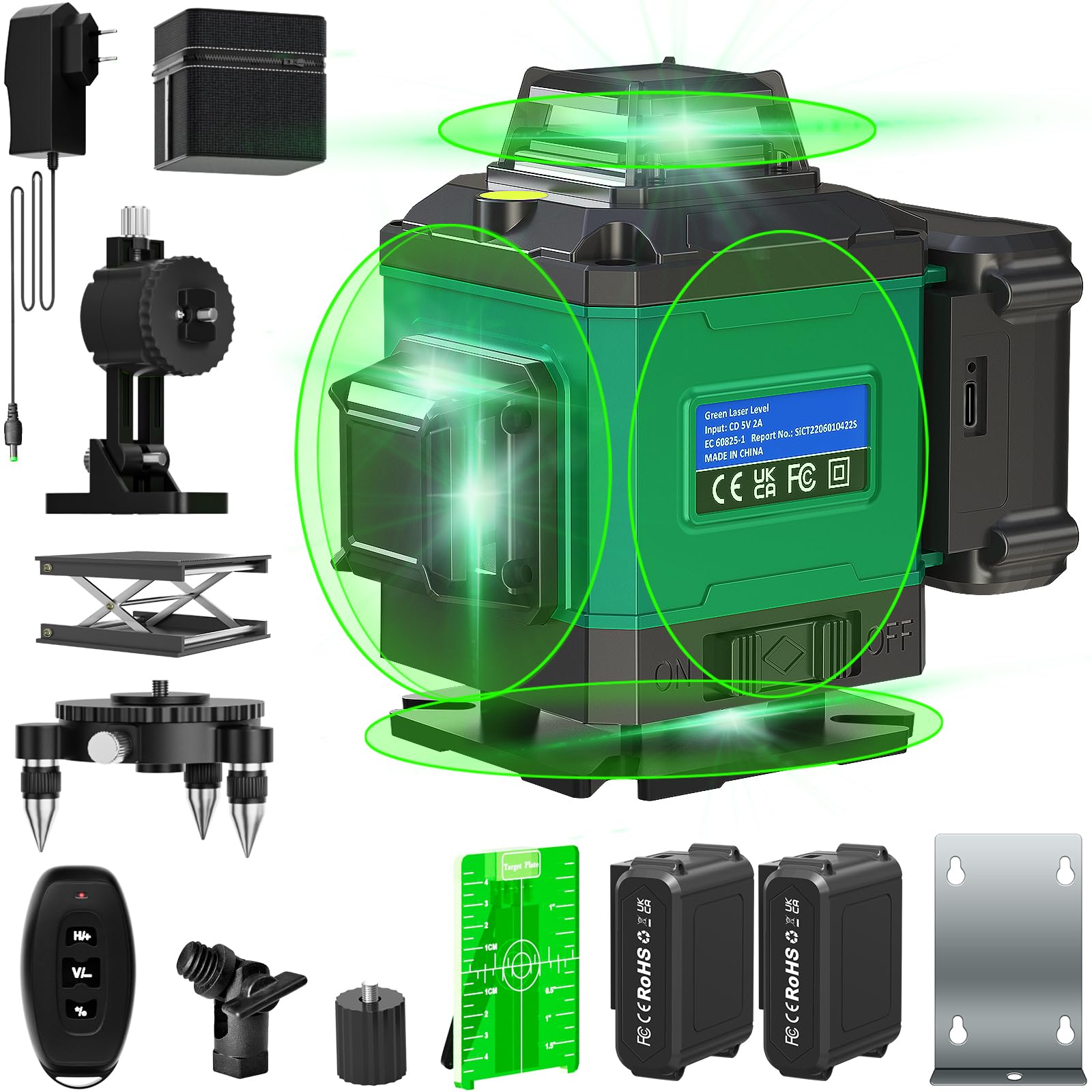 4 x 360° Laser Level - 16 Lines Green Laser Self Leveling, Horizontal & Vertical Cross Line Laser Spirit Level for Indoor Outdoor, with Battery, Remote Controller,Charger