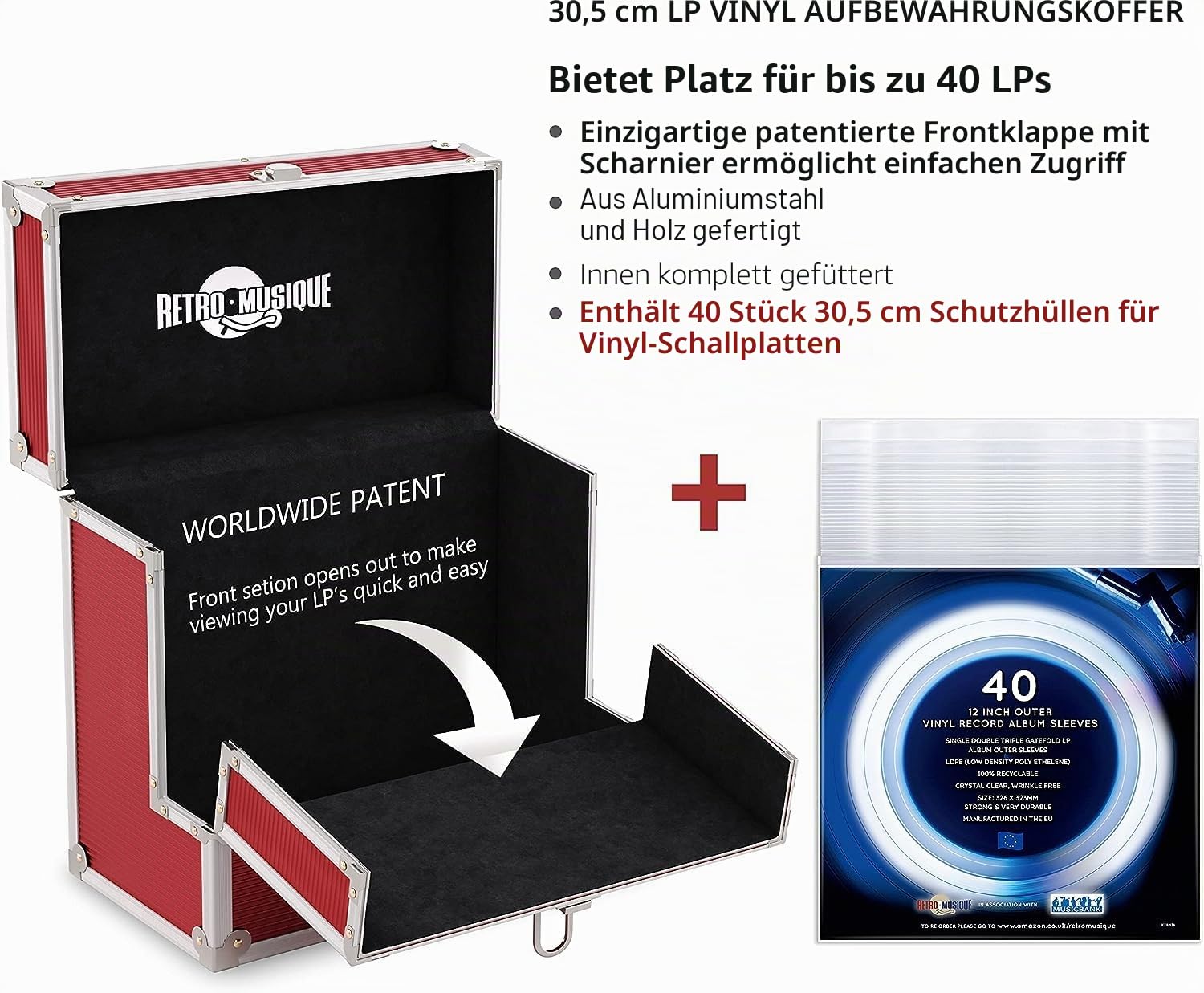 12 Zoll Vinyl Schallplatten Aufbewahrungsbox aus Aluminium mit Klappdeckel für besseren Zugriff auf Ihre Schallplatten, Platz für bis zu 40 Schallplatten, Rot, Rot, Koffer