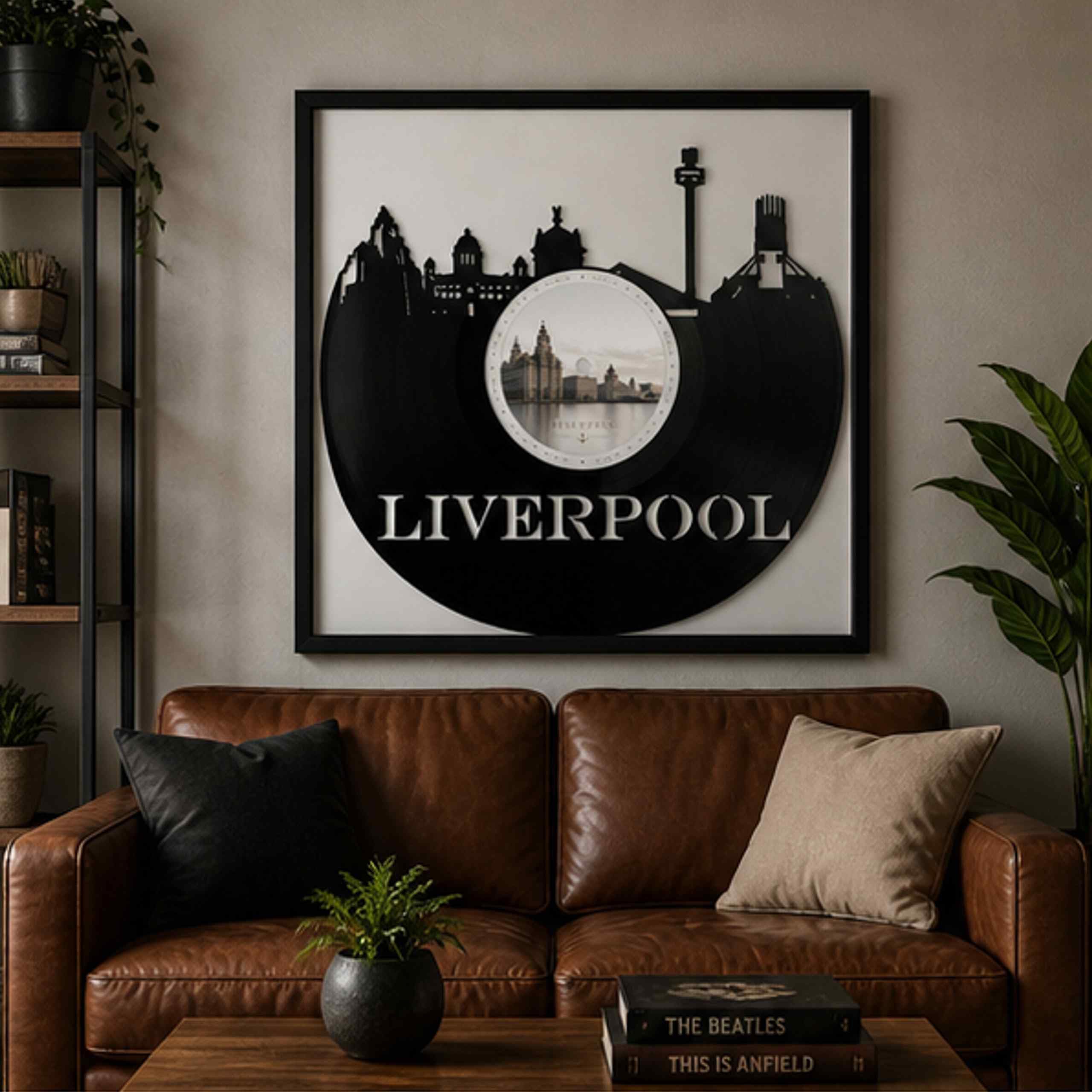 EVEVO Decorazione da parete in vinile con cornice, 32 x 32 cm, Liverpool, arte da parete in vinile, Inghilterra, regalo per gli appassionati di musica e città