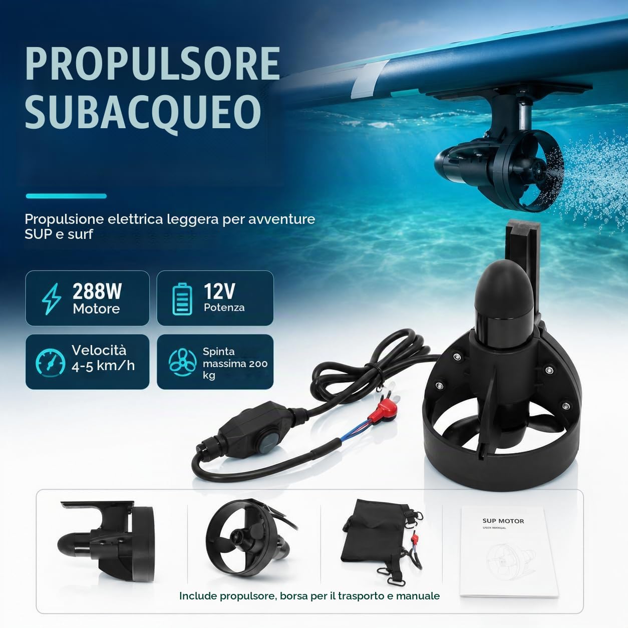 Thruster subacqueo per tavole da surf, propulsione elettrica subacquea, sistema di propulsione, propulsione a vite, kit di thruster subacqueo, per paddle board, tavole da surf, ecc