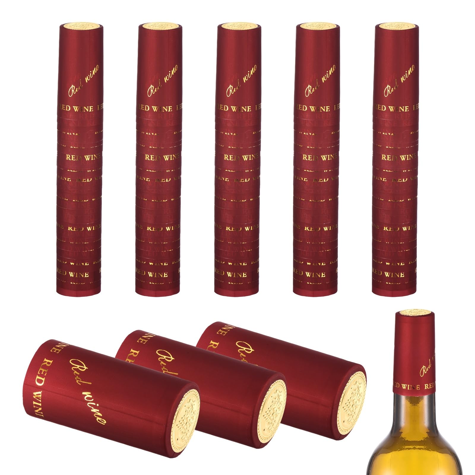 sourcing map 150Pcs PVC Heat Shrink Capsules, 30mm x 60mm Wine Bottle Capsules Shrink Wrap Sleeves Bottle Corks Caps for Wine Making Cellars and Home Kitchen, Gold Grape/Light Red Gold Foil
