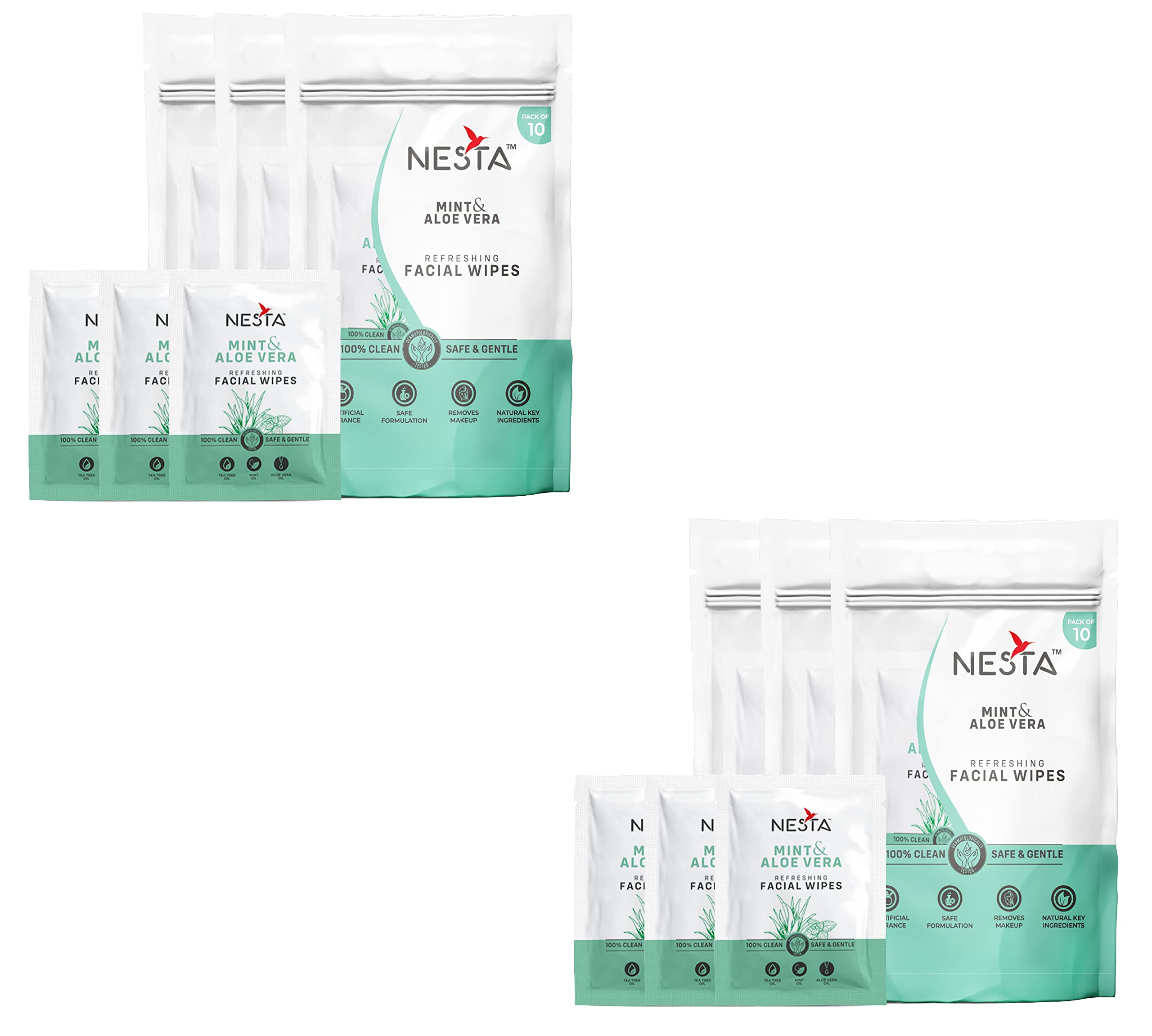 Refreshing Single Pouch Wet Wipes with Extra Moisturizers - 10-IN-1 Pack, No Artificial Fragrance, Natural Cleansing & Hydrating Face Wipe (MInt 60)