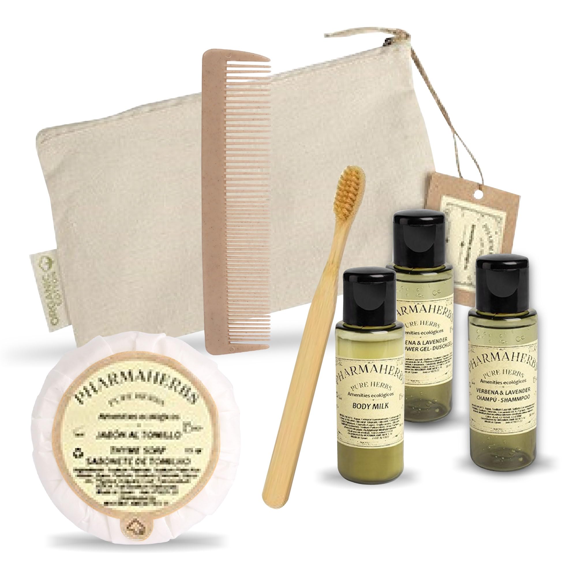 Pack de 50 Kits Completo en Neceser de Algodón - Incluye Gel, Champú, Body Milk, Jabón, Cepillo Dental de Bambú y Peine Biodegradable, Ideal para Hoteles y Viajes