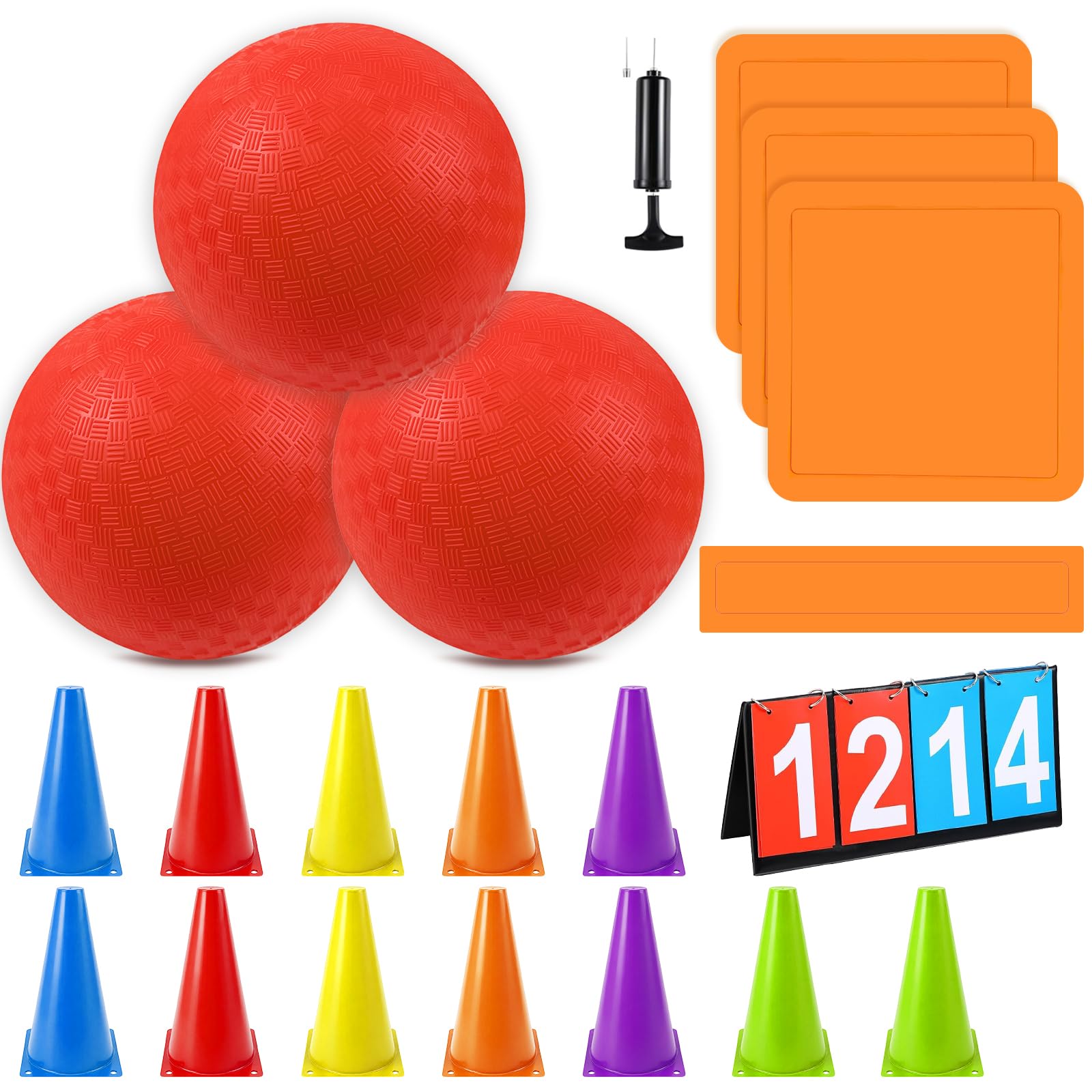 Huaerle 20-teiliges Sport-Kickball-Set enthält 3 Spielplatzbälle mit Luftpumpe, 4 Gummi-Überwurfbasen, 12 Trainingskegel und eine Flip-Anzeigetafel für Jungen, Mädchen, Erwachsene, Spielplatz