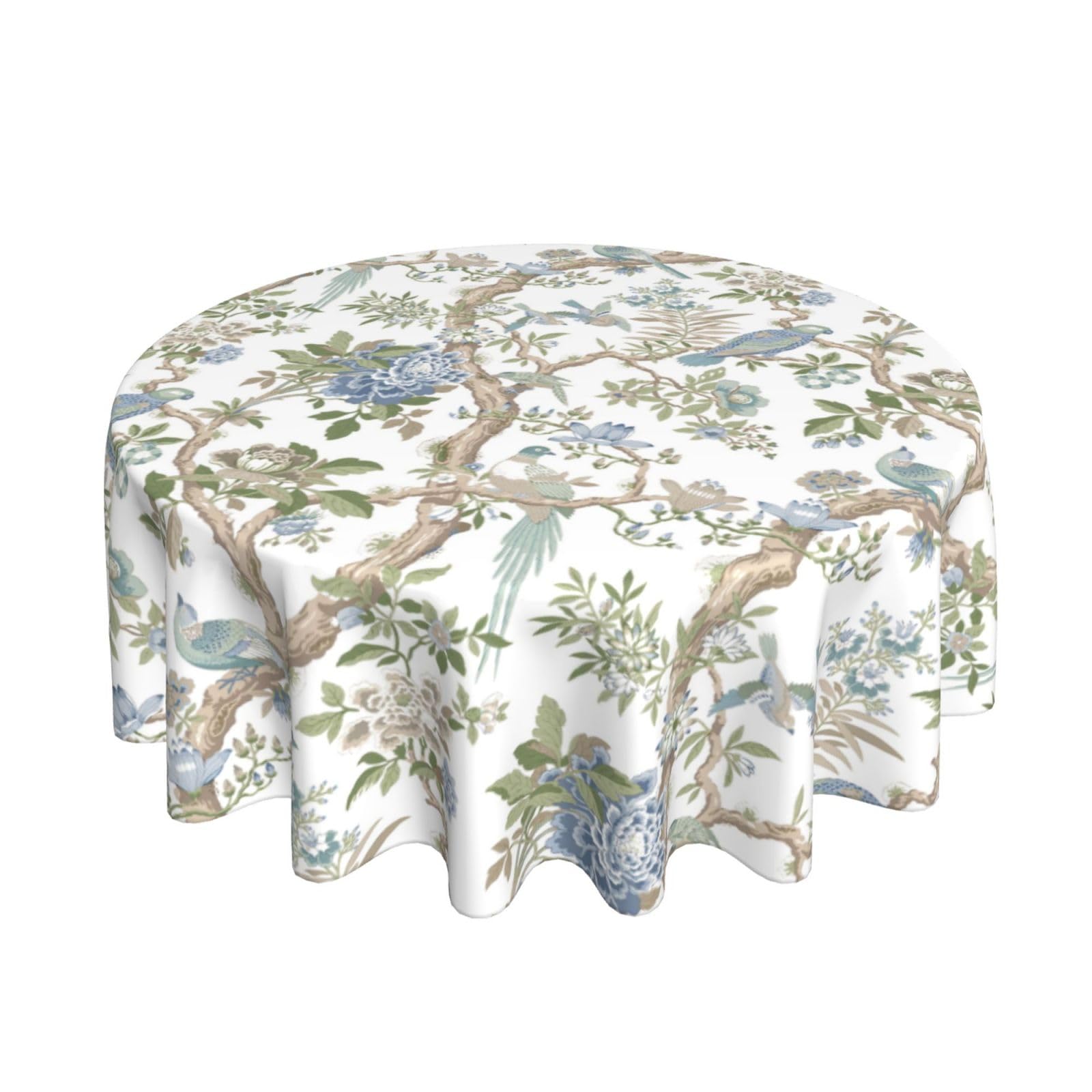 Yxuiyal Chinoiserie Round Tablecloths 60 Inches Blue Green Floral Birds Decorative Round Tablecloths Modern Washable Reusable Flower Circle Table Covers for Home Kitchen Dining Room,Party