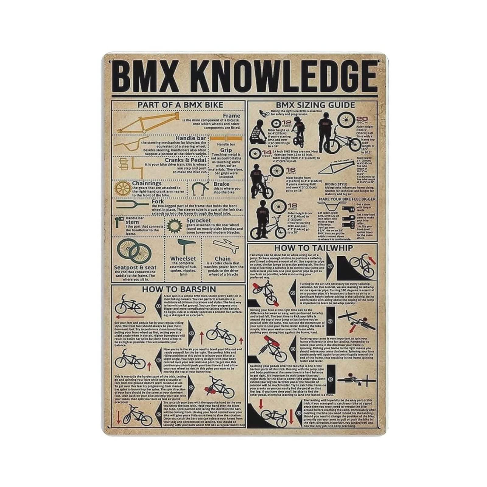 rayprint Bmx Knowledge Poster Metal Tin Sign Art Wall Plaque Decor Vintage Retro Sign Iron Painting Aluminum Sign for Home Decor Bar Shop Men Cave Outdoor Garage Indoor 16"x12"