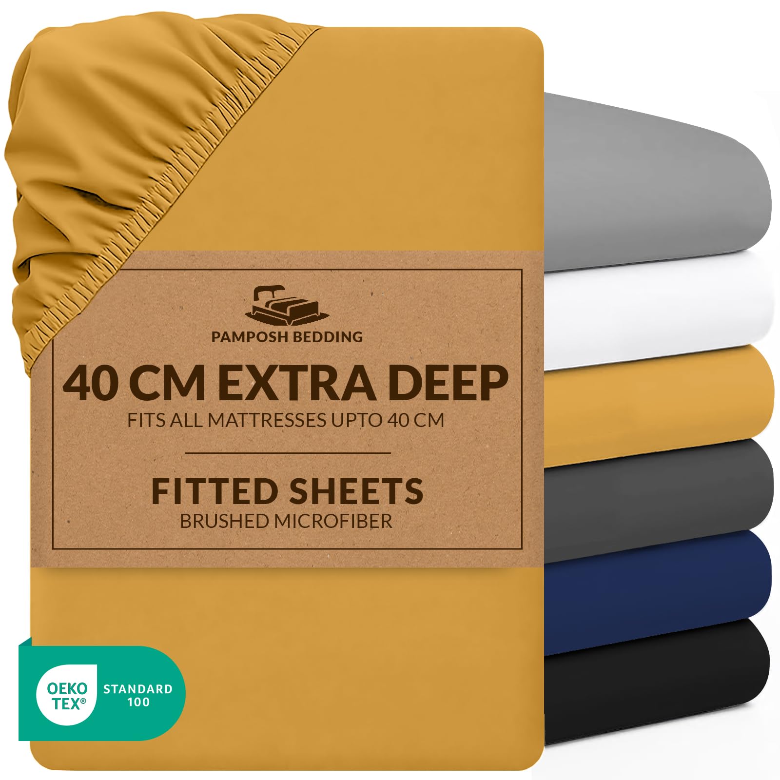 Pamposh Gold Super King Fitted Sheet Extra Deep Pocket 40 Cm (16 Inches) Durable Elastic Bed Sheets - Premium Brushed Microfibre Superking Fitted Sheet - Ultrasoft Hypoallergenic Fade Resistant