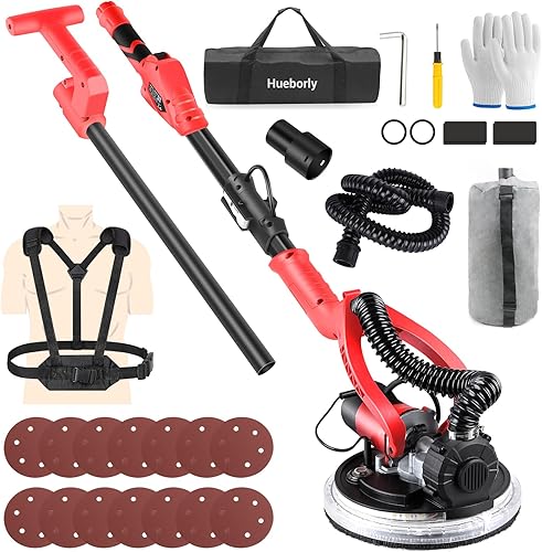 Lijadora de paneles de yeso con accesorio al vacío, mango extensible, 6 velocidades variables, lijadora eléctrica de paneles de yeso con luz LED, 14