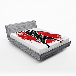 Lunarable Japan Fitted Sheet, Silhouette Samurai on Vermilion Grunge Style Background Tribal, Soft Decorative Fabric Bedding All-Round Elastic Pocket, Full Size, Black Red