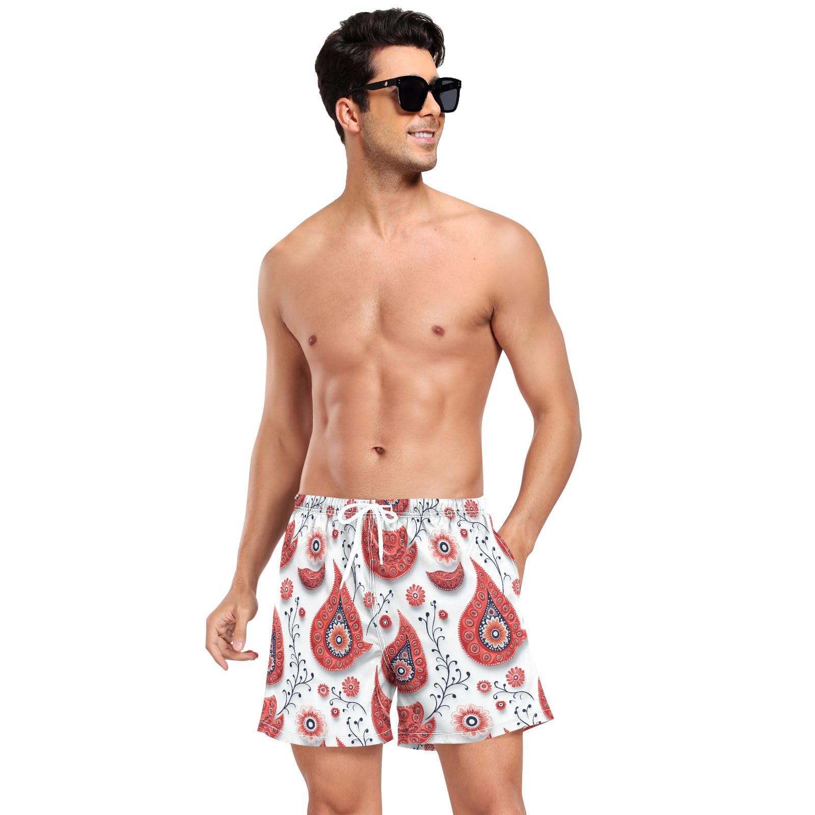 Red Paisleys Flat Vector Design Swimming Trunks for Men Men Double Layer Workout Shorts with Compression Liner and Pockets Basketball Shorts Quick Dry