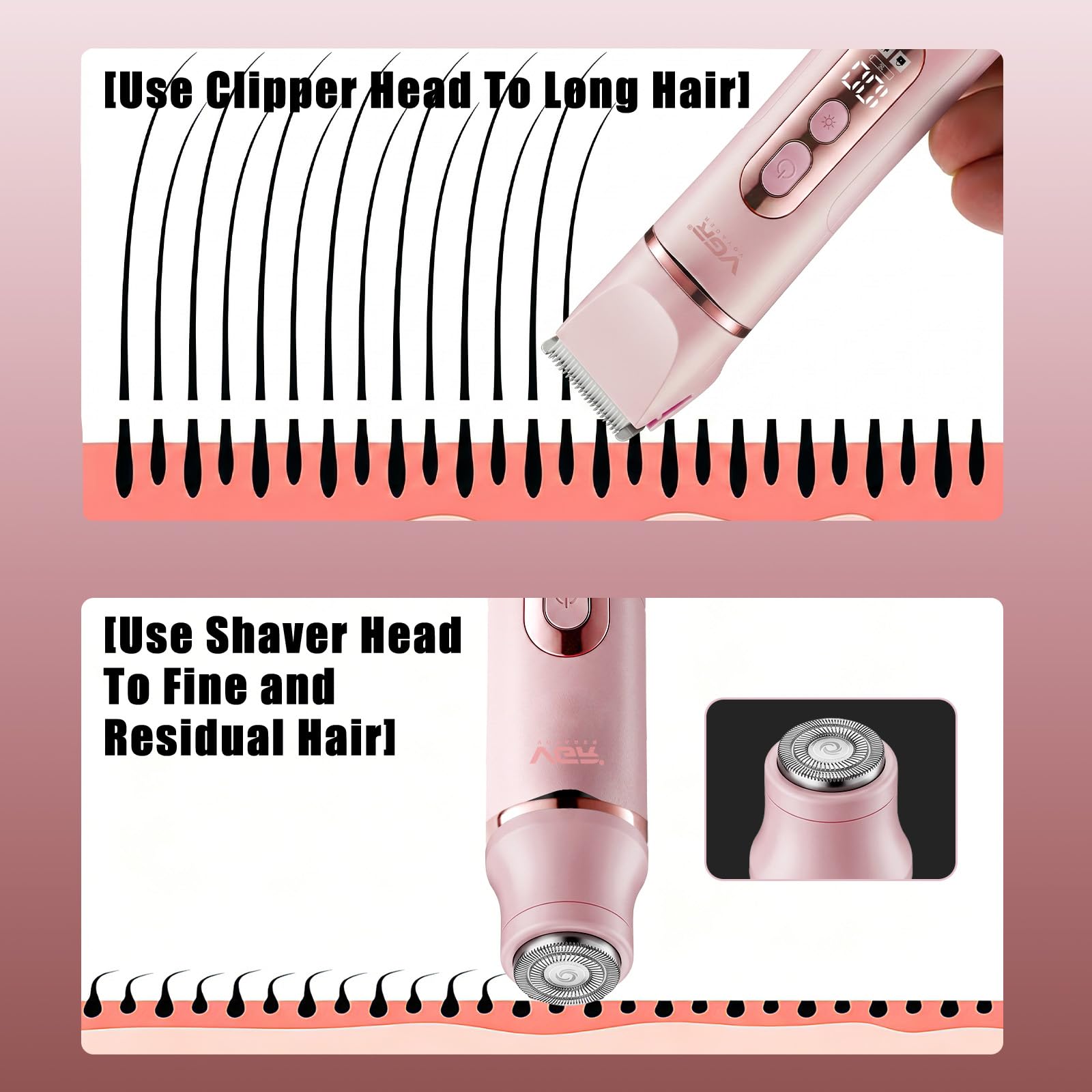 VGR 763 Epilatore Donna Elettrico 5 in 1, Depilatore Ricaricabile Senza Fili, Rasoiatore Viso, Epilatore Corpo Wet & Dry per Viso, Gambe, Ascelle e Zone Intime, Rosa