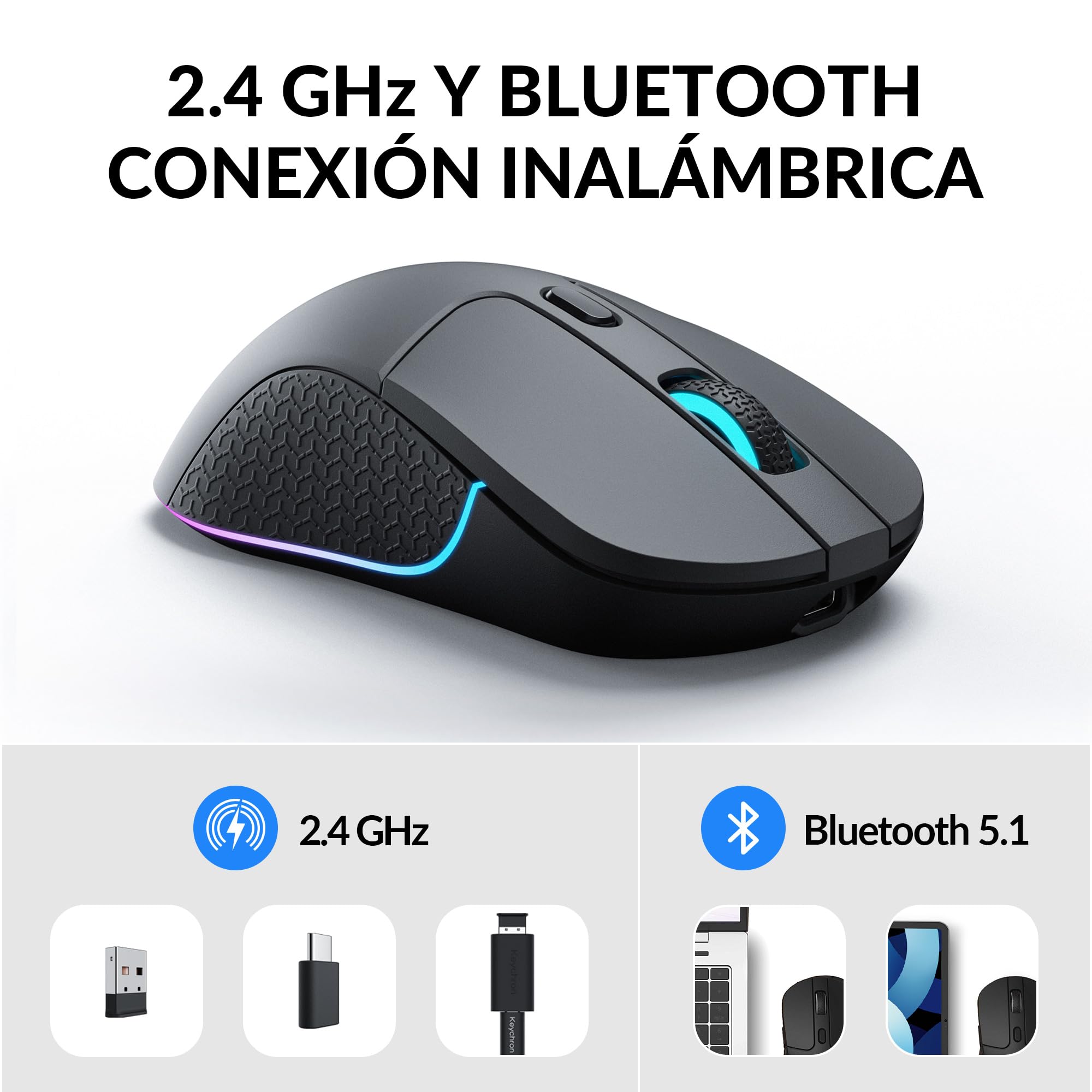 Keychron M3 Ratón Inalámbrico Programable, 2.4 GHz/Bluetooth 5.1 / USB-C, Sensor PAW3395, 26.000 dpi, Retroiluminación RGB, Ultraligero (79 g), Diseño ergonómico, Ratón Gaming para PC y Mac – Negro