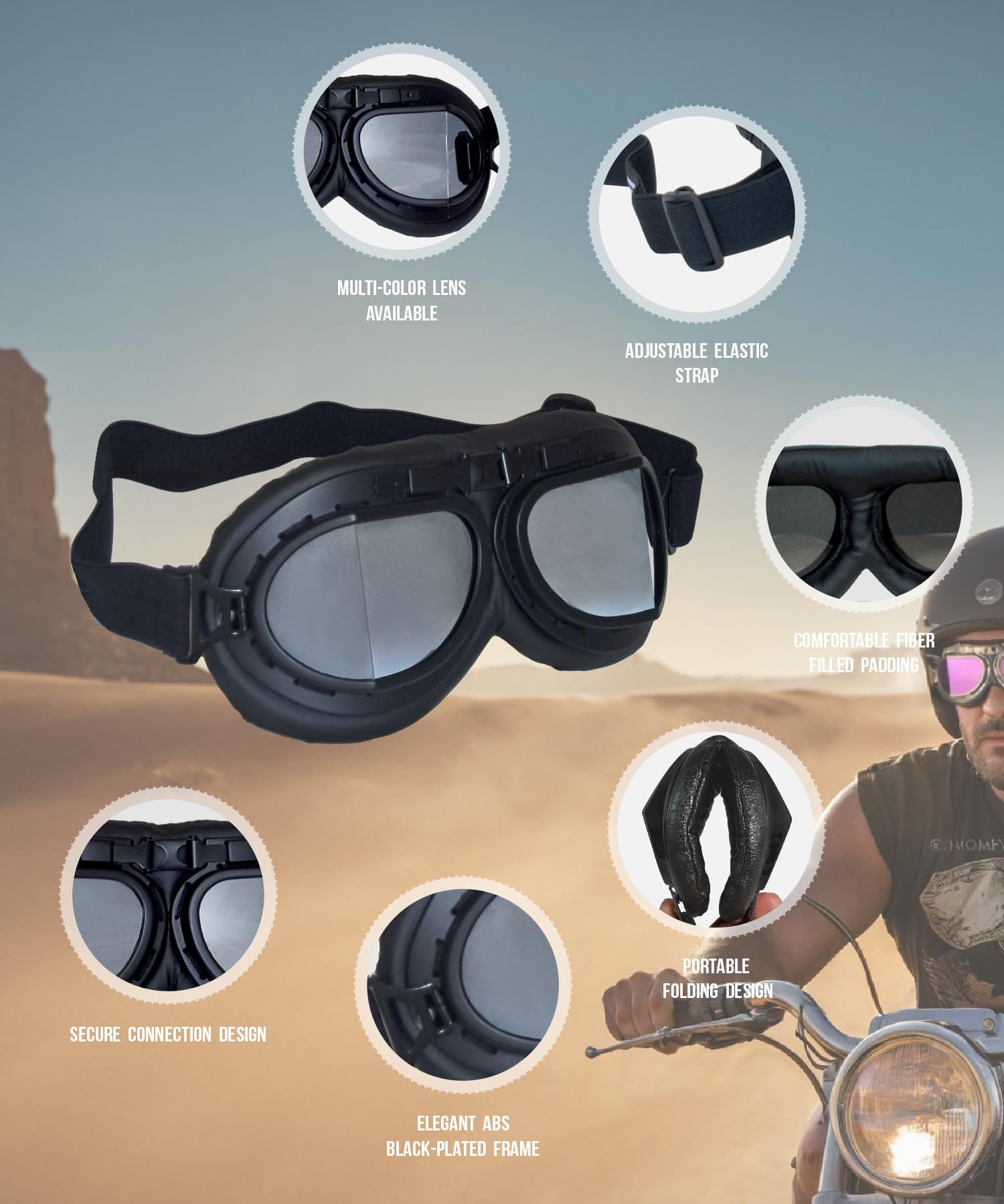 CRG Sports Vintage Aviator Pilot Style Moto Cruiser Scooter Goggle T08 T08BSB Lente Argento, telaio nero, imbottitura nera
